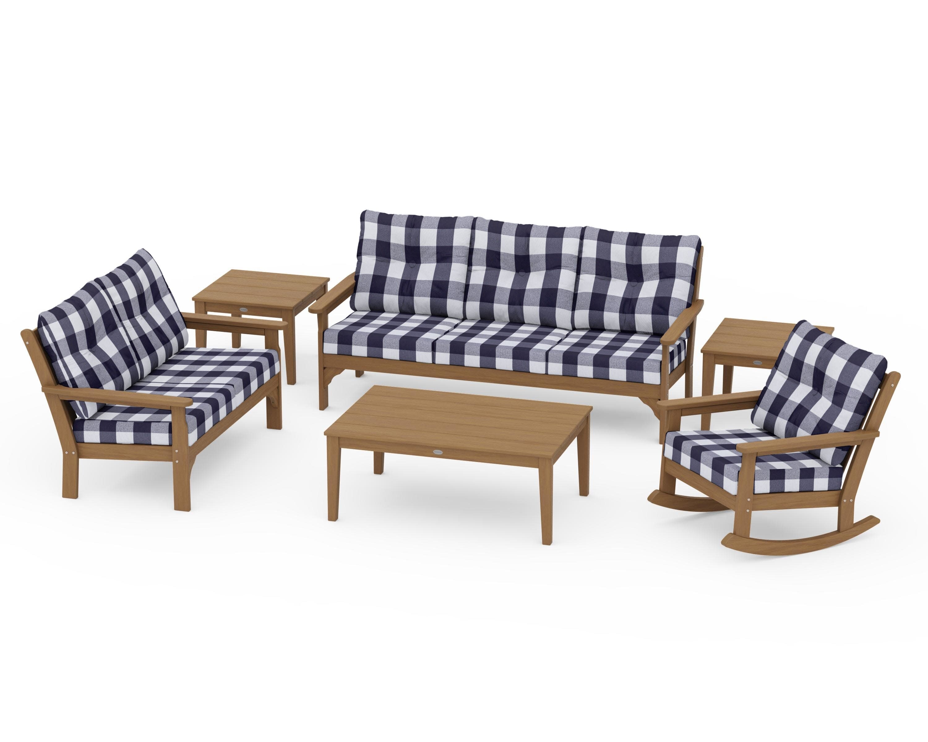 Vineyard 6-Piece Deep Seating Set in Natural / Buffalo Plaid Navy