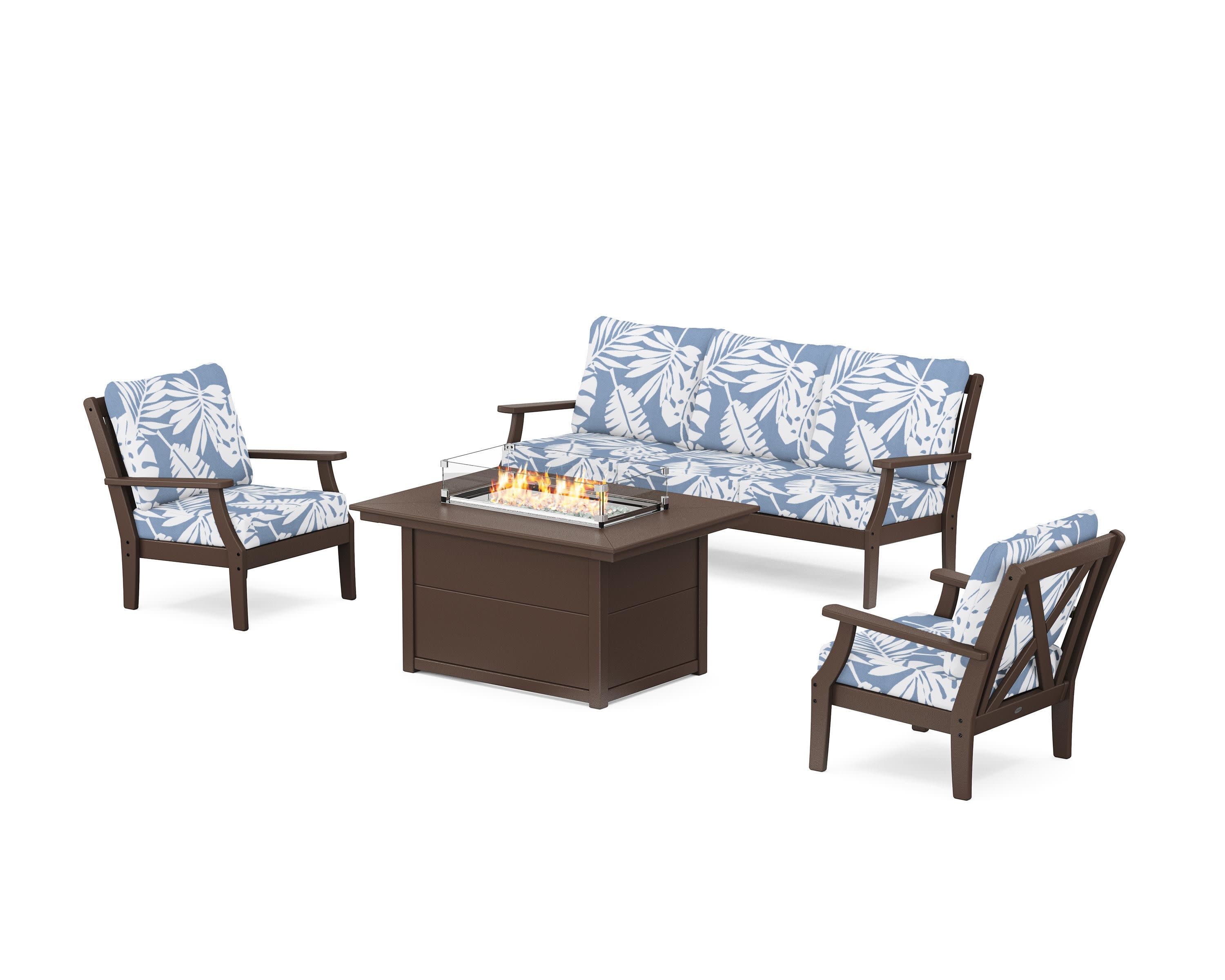 Braxton Deep Seating Fire Pit Table Set in Mahogany / Leaf Sky Blue