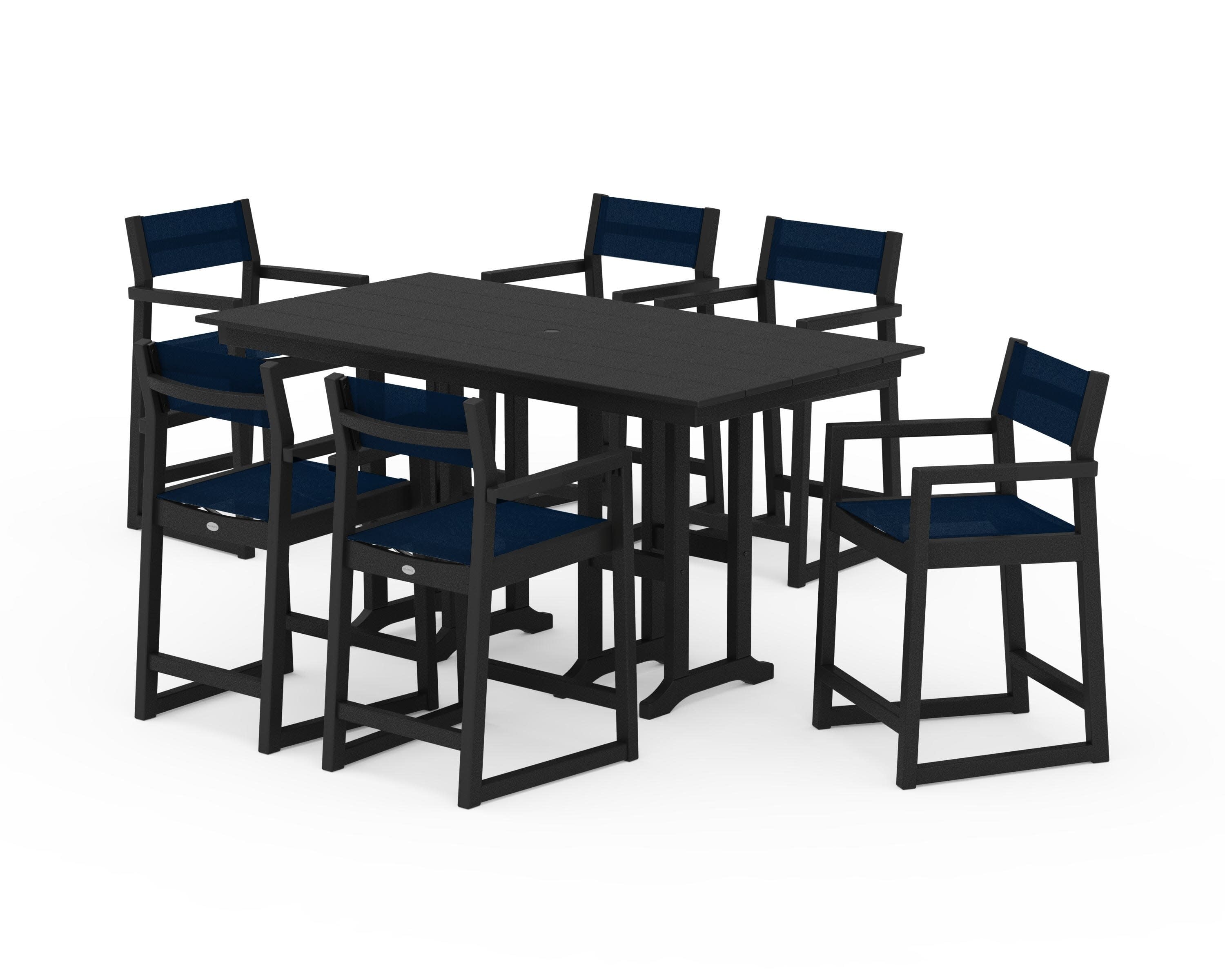 EDGE Sling Arm Chair 7-Piece Farmhouse Counter Set in Black / Navy Blue Sling