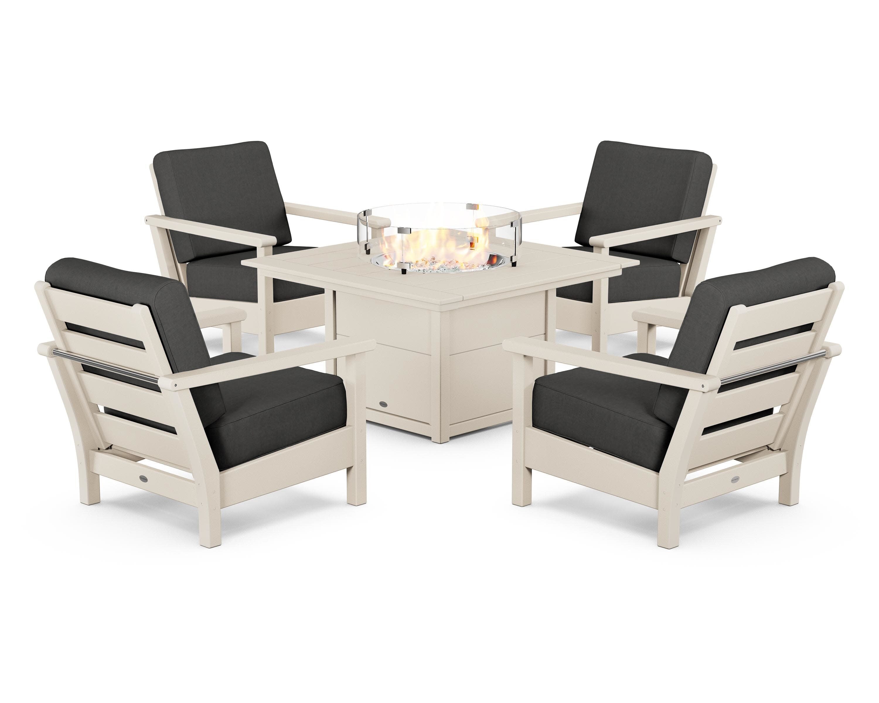 Harbour 5-Piece Conversation Set with Fire Pit Table in Sand / Spectrum Carbon