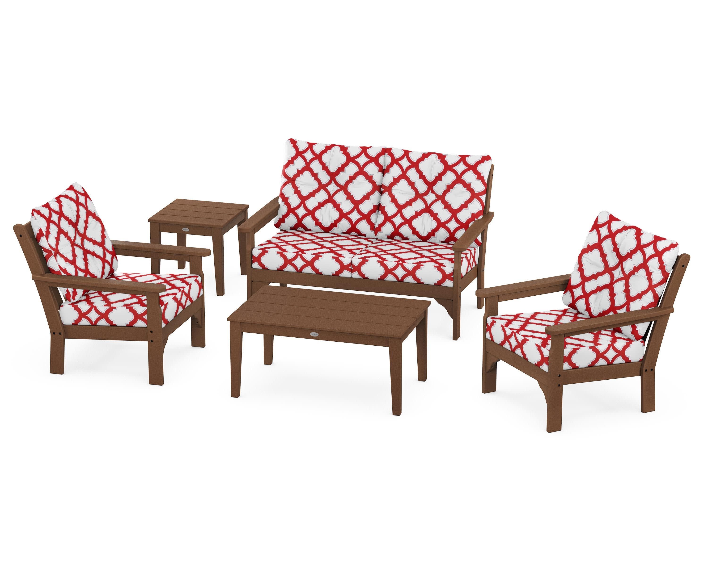 Vineyard 5-Piece Deep Seating Set in Teak / Trellis Crimson