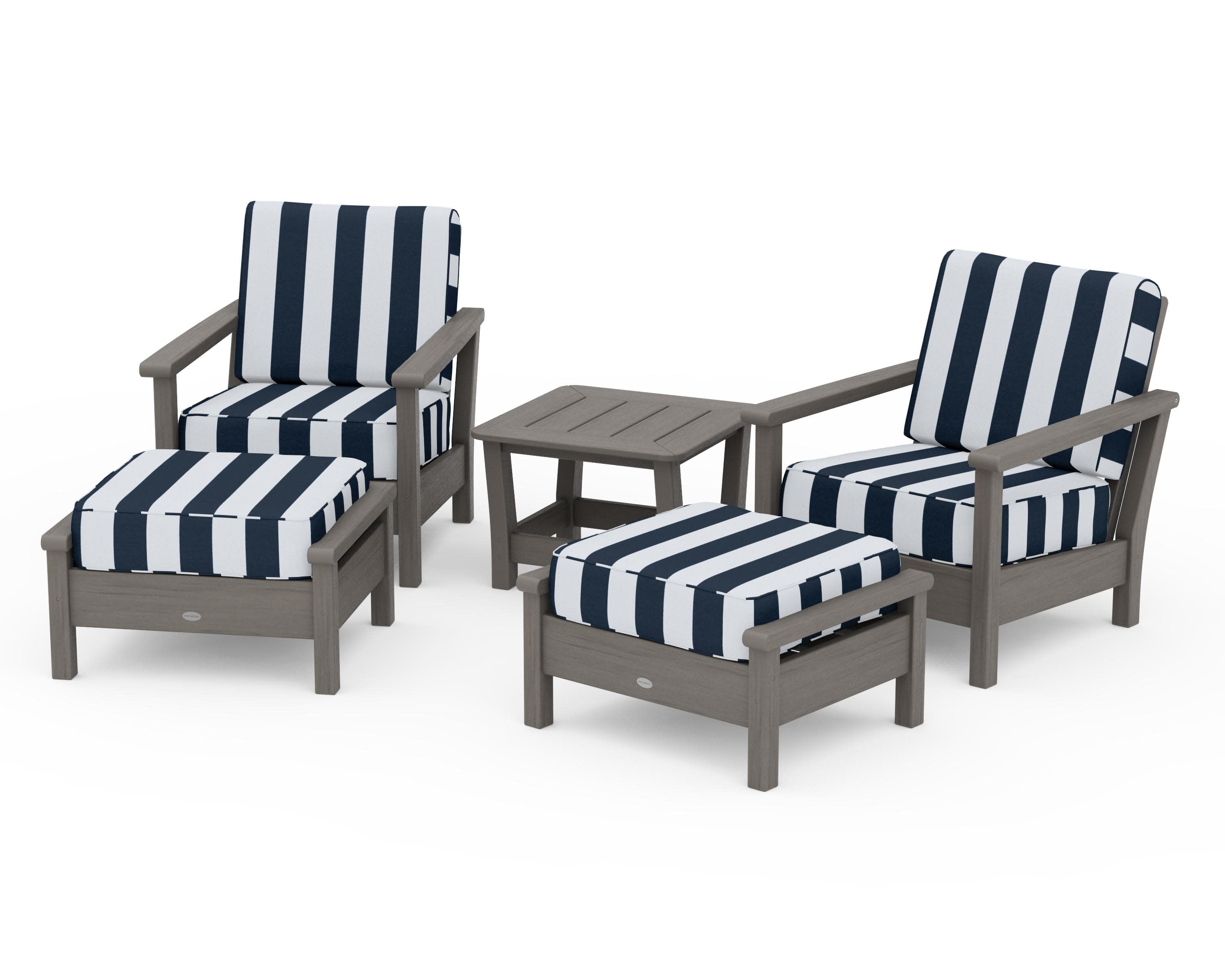 Harbour 5-Piece Deep Seating Chair Set in Driftwood / Cabana Stripe Marine Indigo
