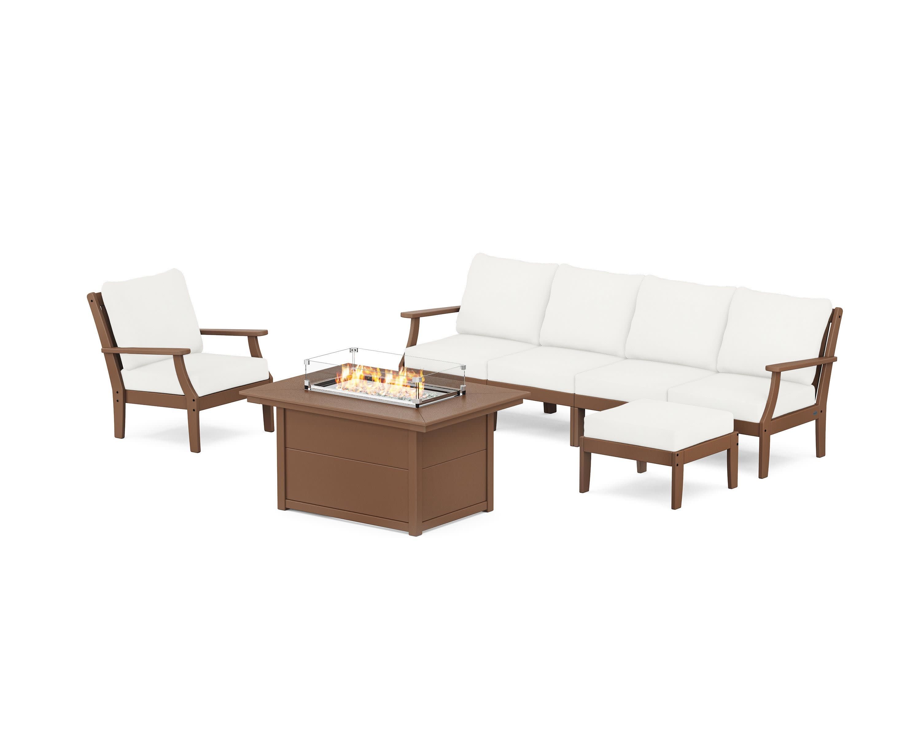 Braxton Sectional Lounge and Fire Pit Set in Teak / Natural Linen