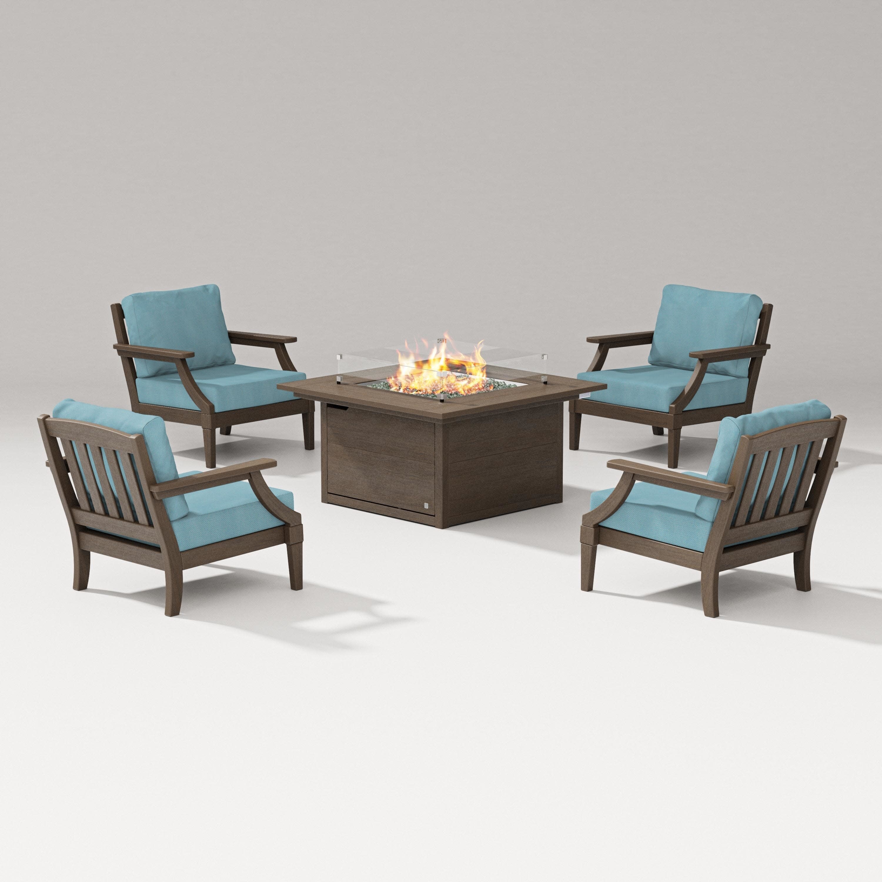 Estate 5-Piece Lounge Fire Table Set in Kona / Lattice Sky Blue