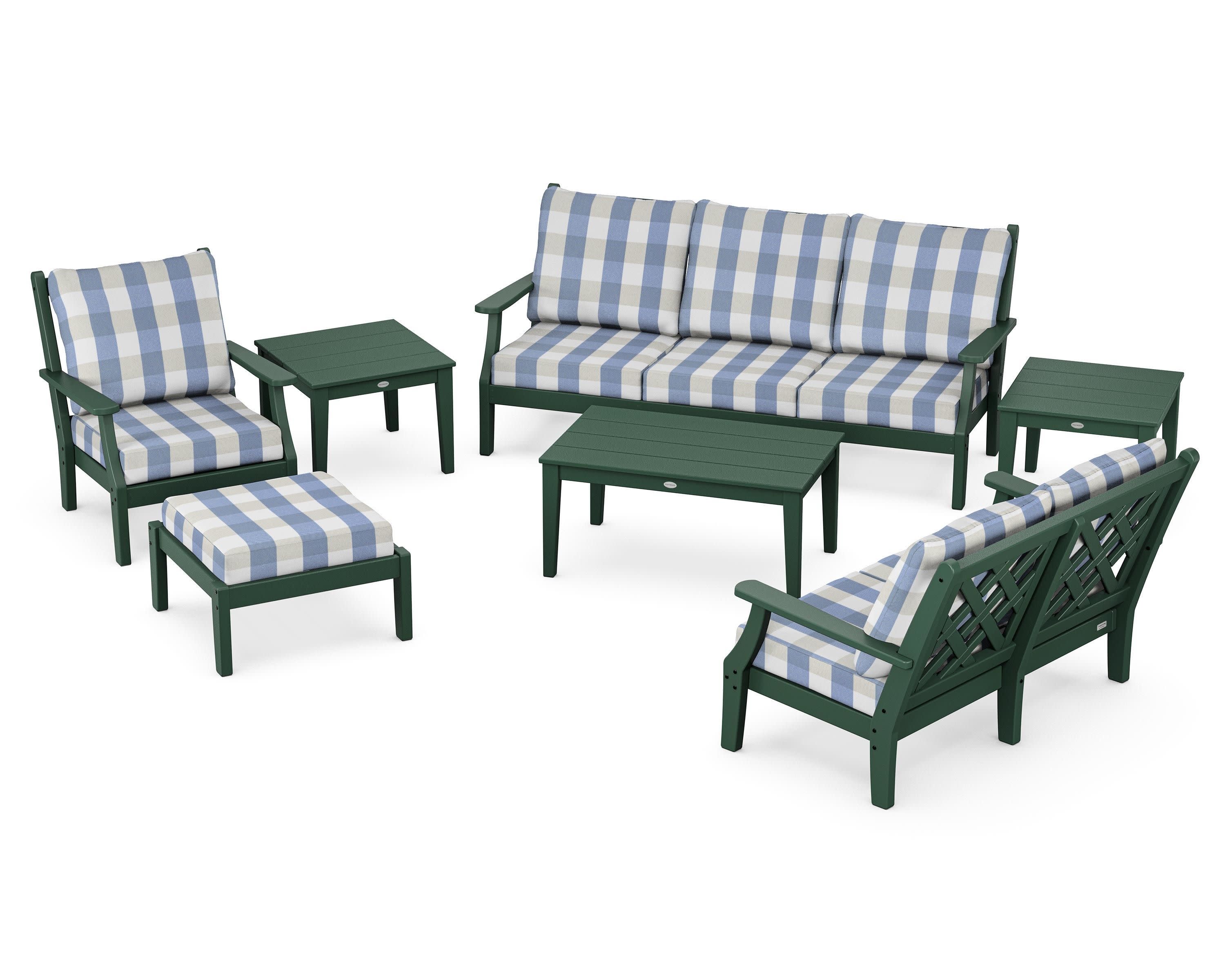 Wovendale 7-Piece Deep Seating Set in Green / Buffalo Plaid Sky Blue