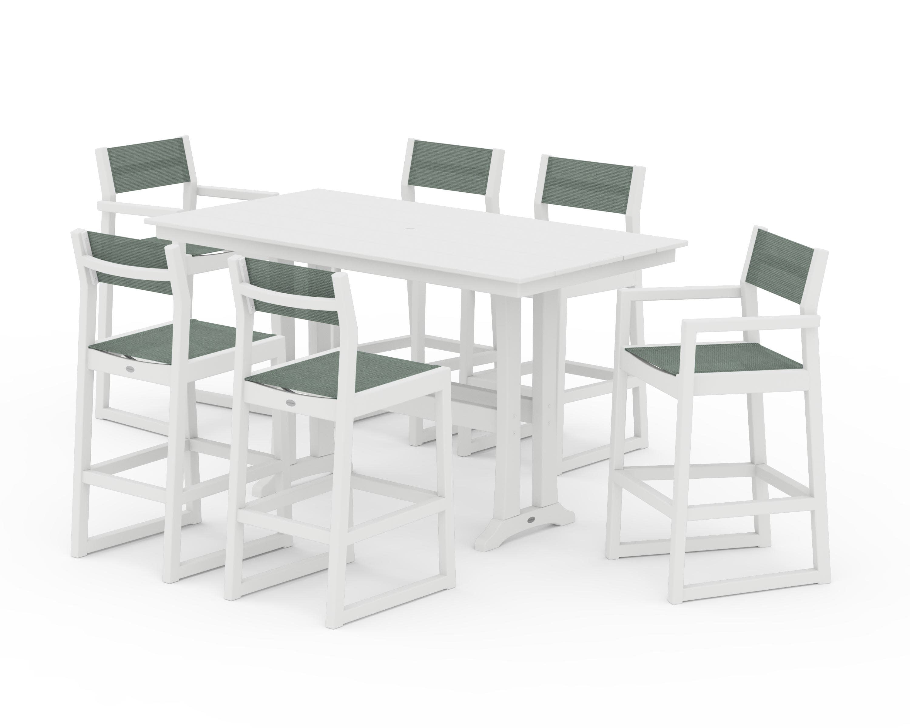 EDGE Sling 7-Piece Farmhouse Bar Set with Trestle Legs in White / Dupioni Sea Mist Sling