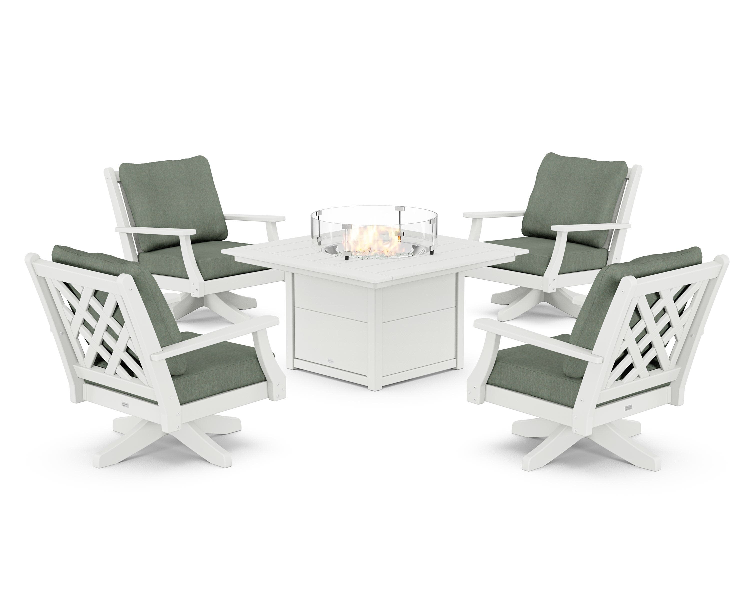 Wovendale 5-Piece Deep Seating Swivel Conversation Set with Fire Pit Table in White / Cast Sage
