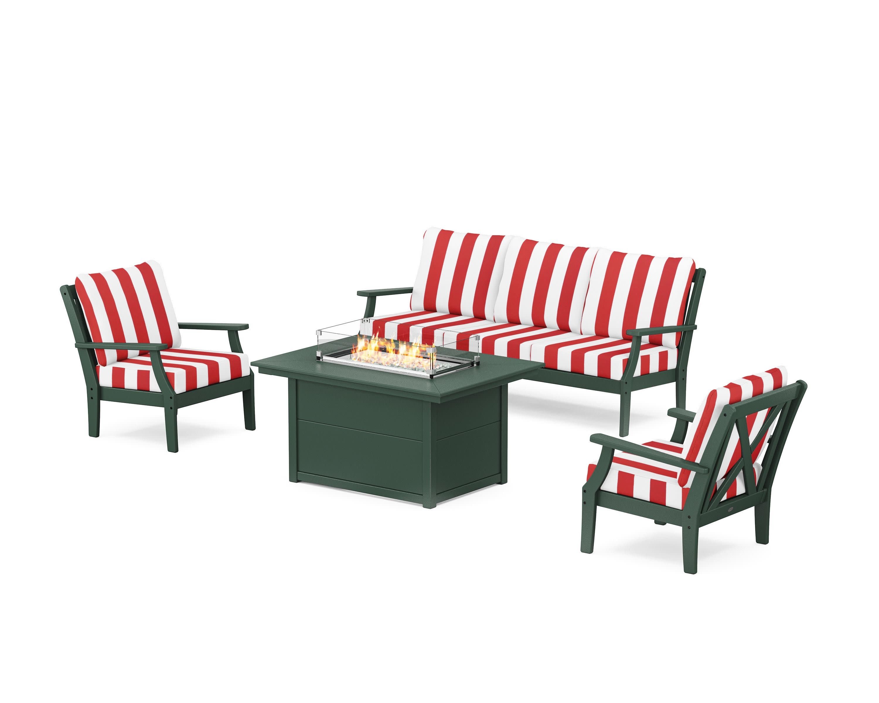 Braxton Deep Seating Fire Pit Table Set in Green / Cabana Stripe Crimson