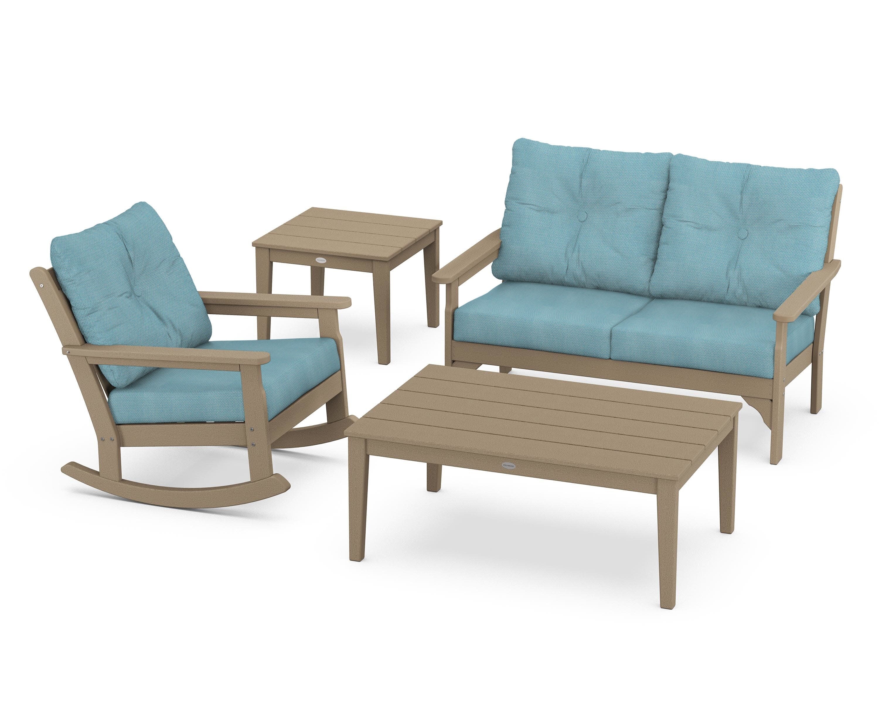 Vineyard 4-Piece Deep Seating Rocker Set in Vintage Sahara / Lattice Sky Blue