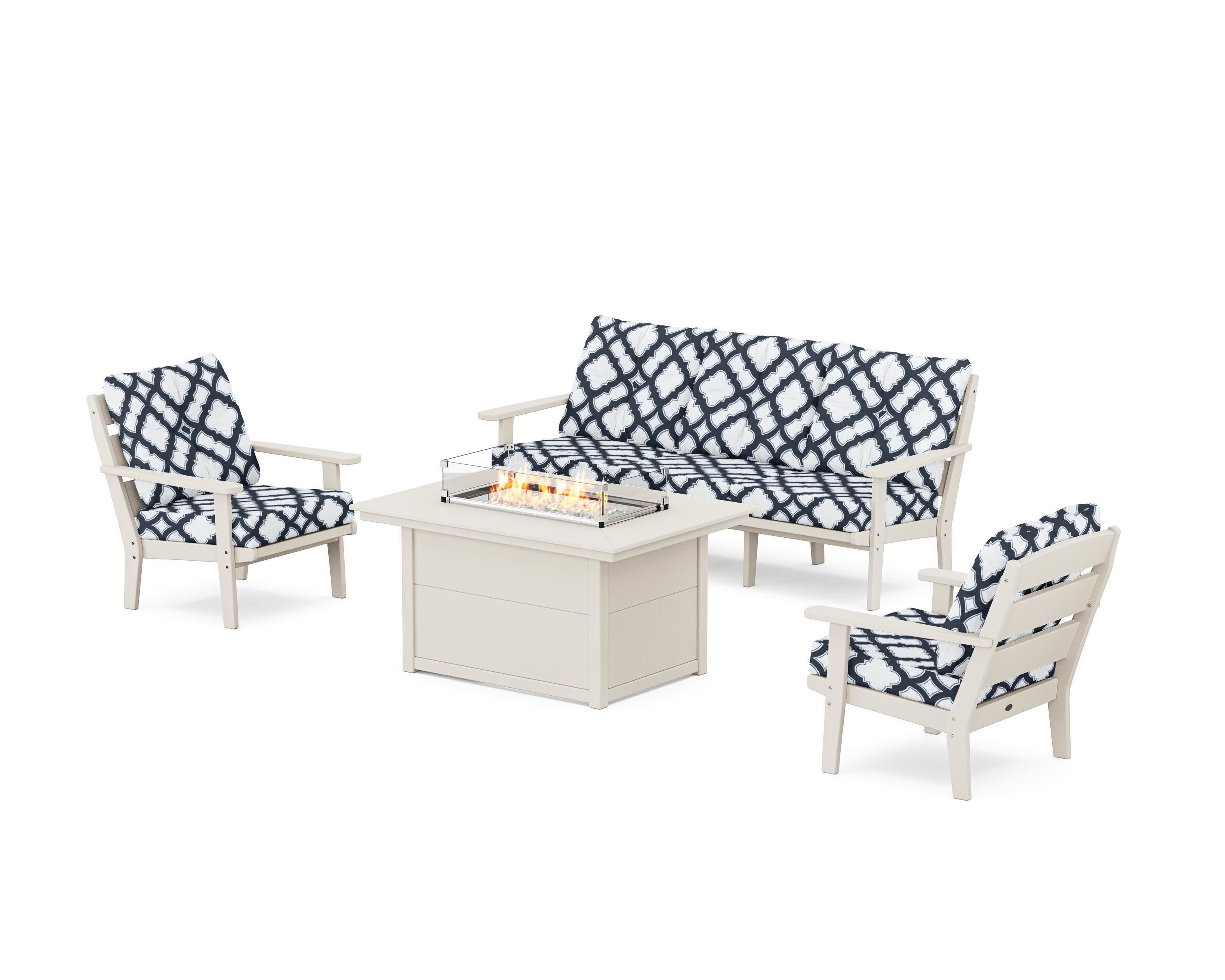 Lakeside Deep Seating Fire Pit Table Set in Sand / Trellis Marine Indigo