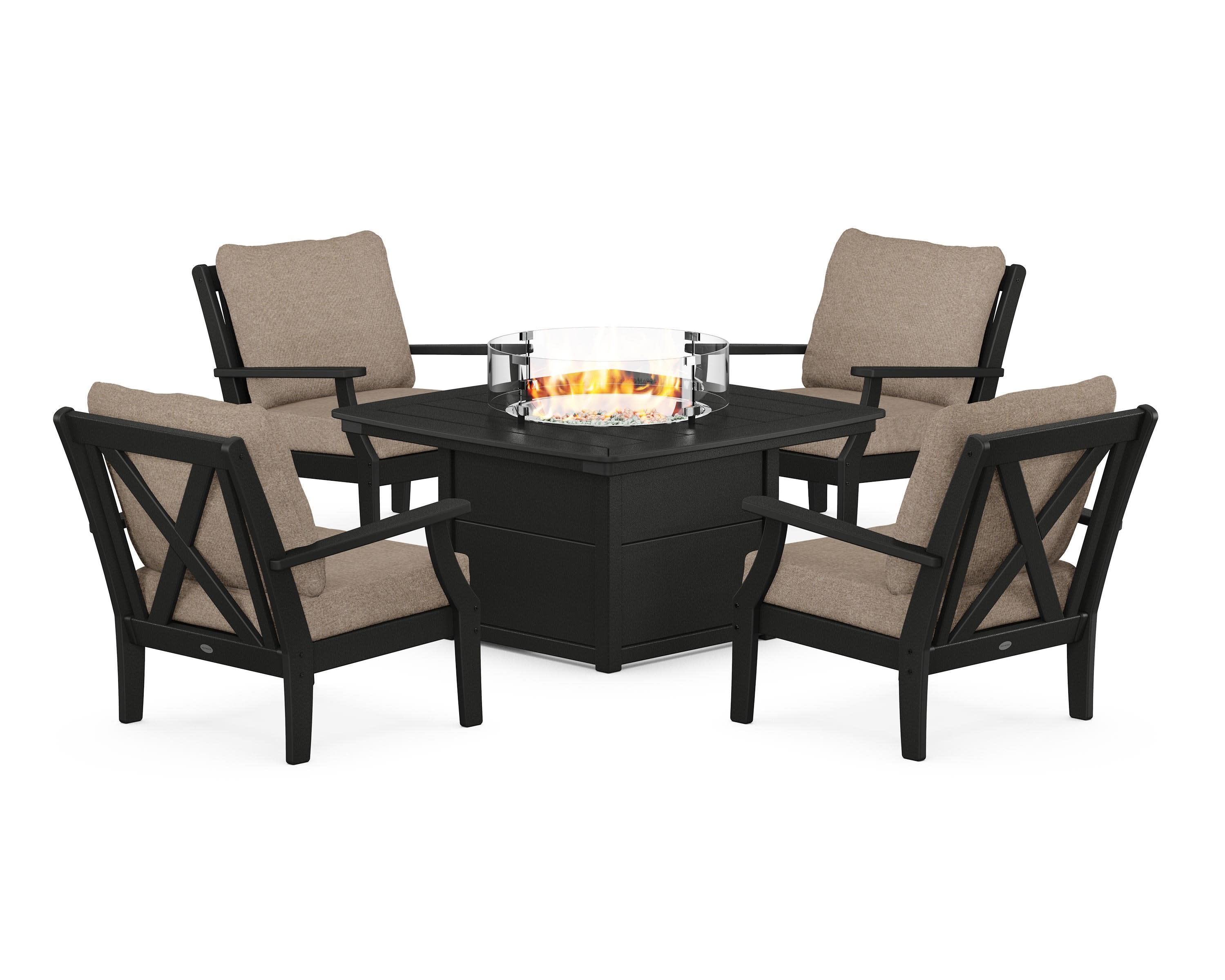 Braxton 5-Piece Deep Seating Conversation Set with Fire Pit Table in Black / Spiced Burlap
