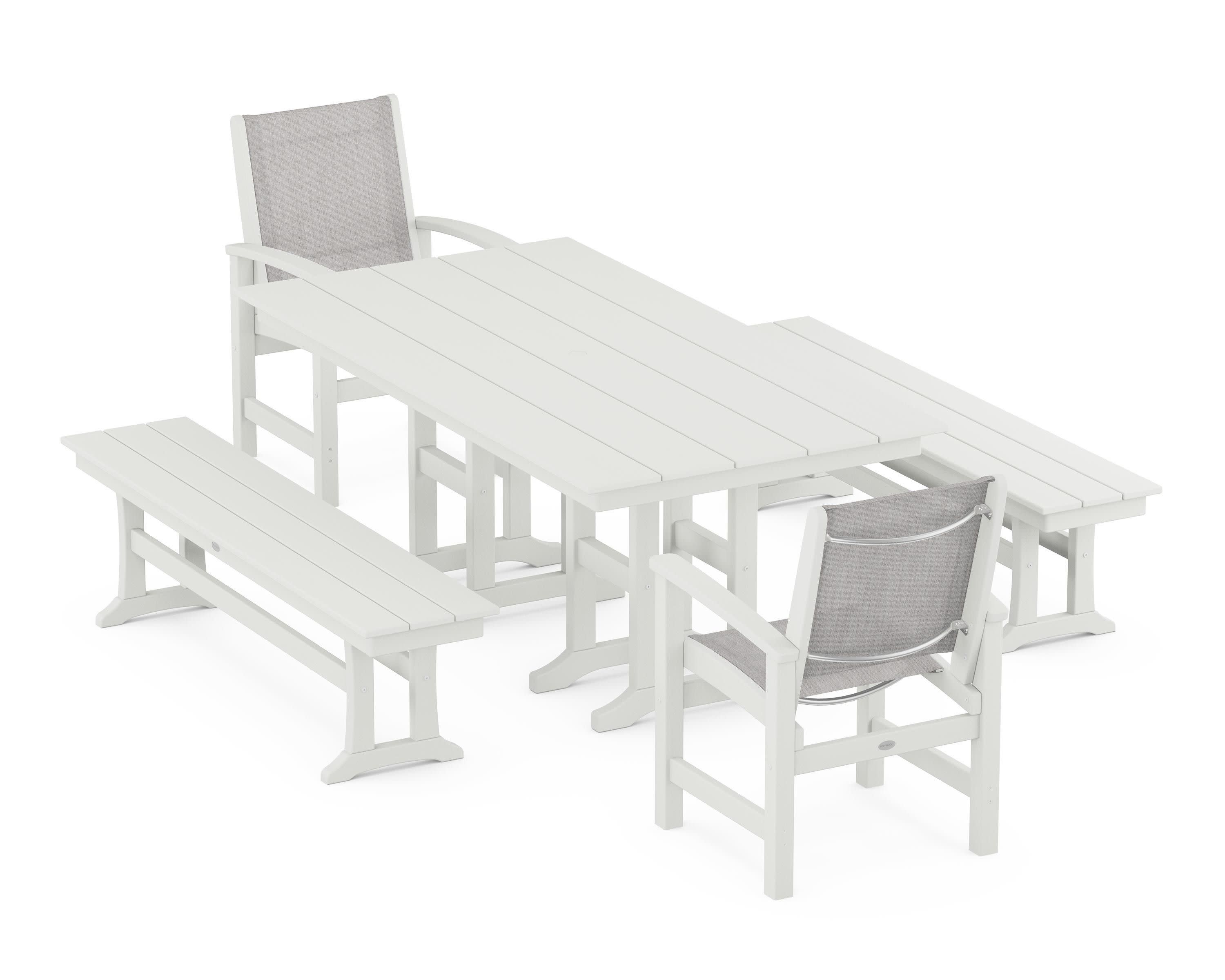 Coastal 5-Piece Farmhouse Dining Set in Vintage White / Parchment Sling