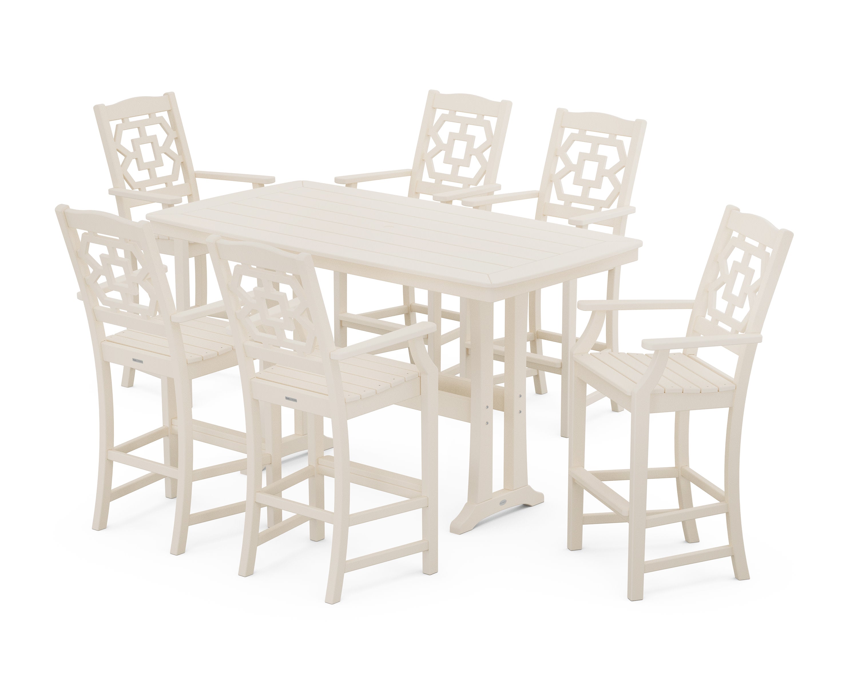 Chinoiserie Arm Chair 7-Piece Bar Set with Trestle Legs in Sand