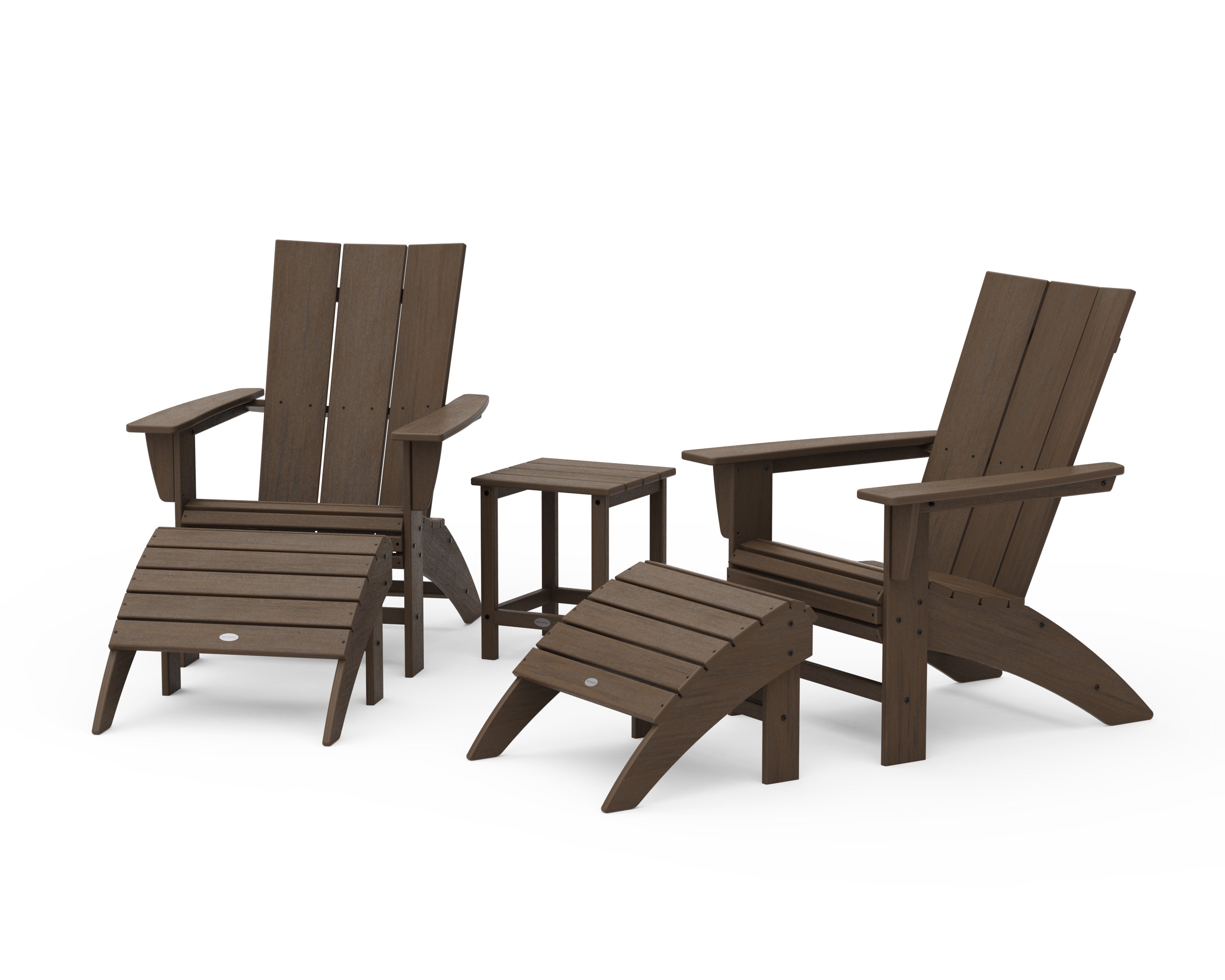 Modern Curveback Adirondack Chair 5-Piece Set with Ottomans and 18" Side Table in Kona