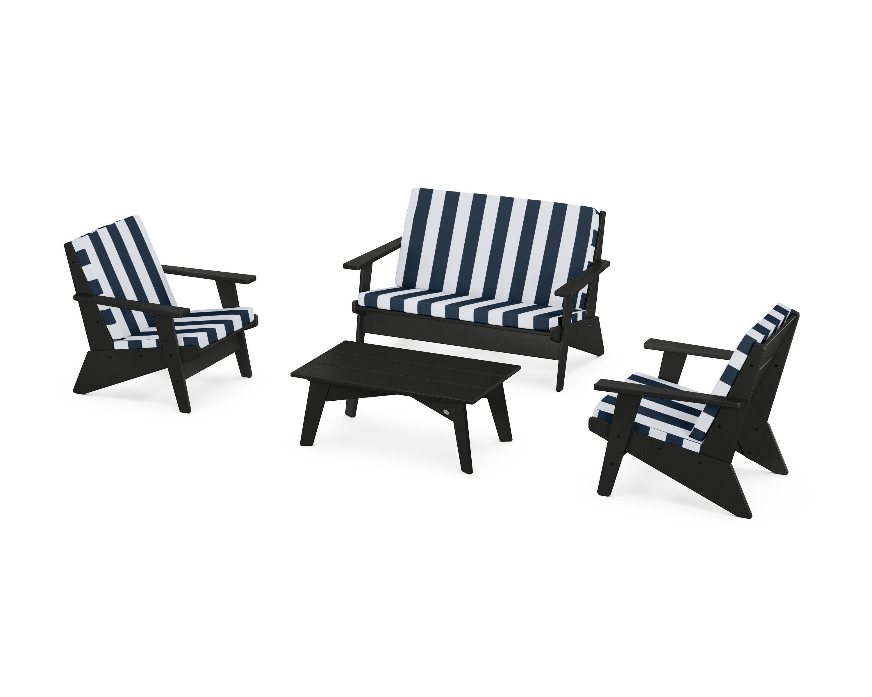 Riviera Modern Lounge 4-Piece Set in Black / Cabana Stripe Marine Indigo