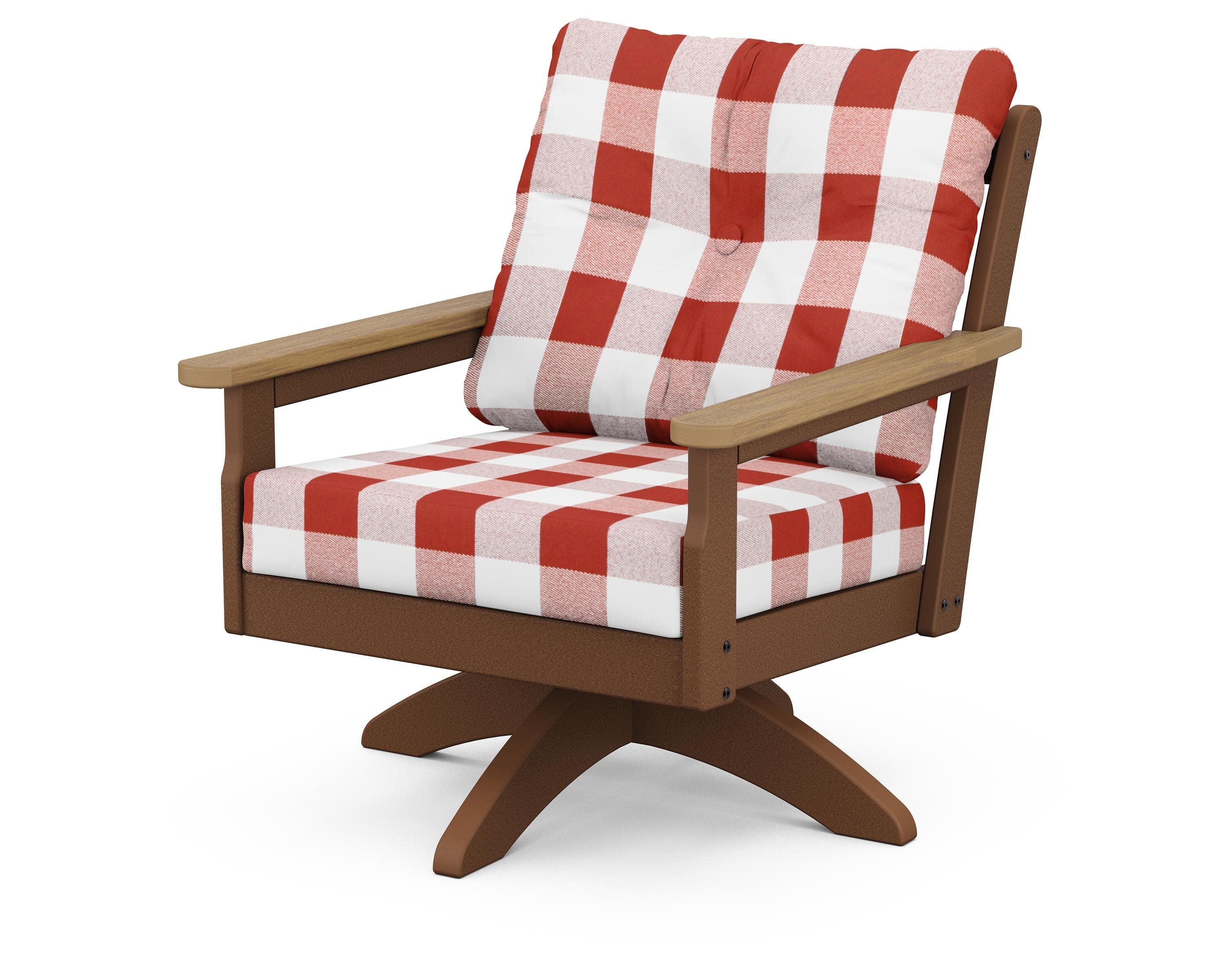 Vineyard Deep Seating Swivel Chair in Teak / Natural / Buffalo Plaid Crimson
