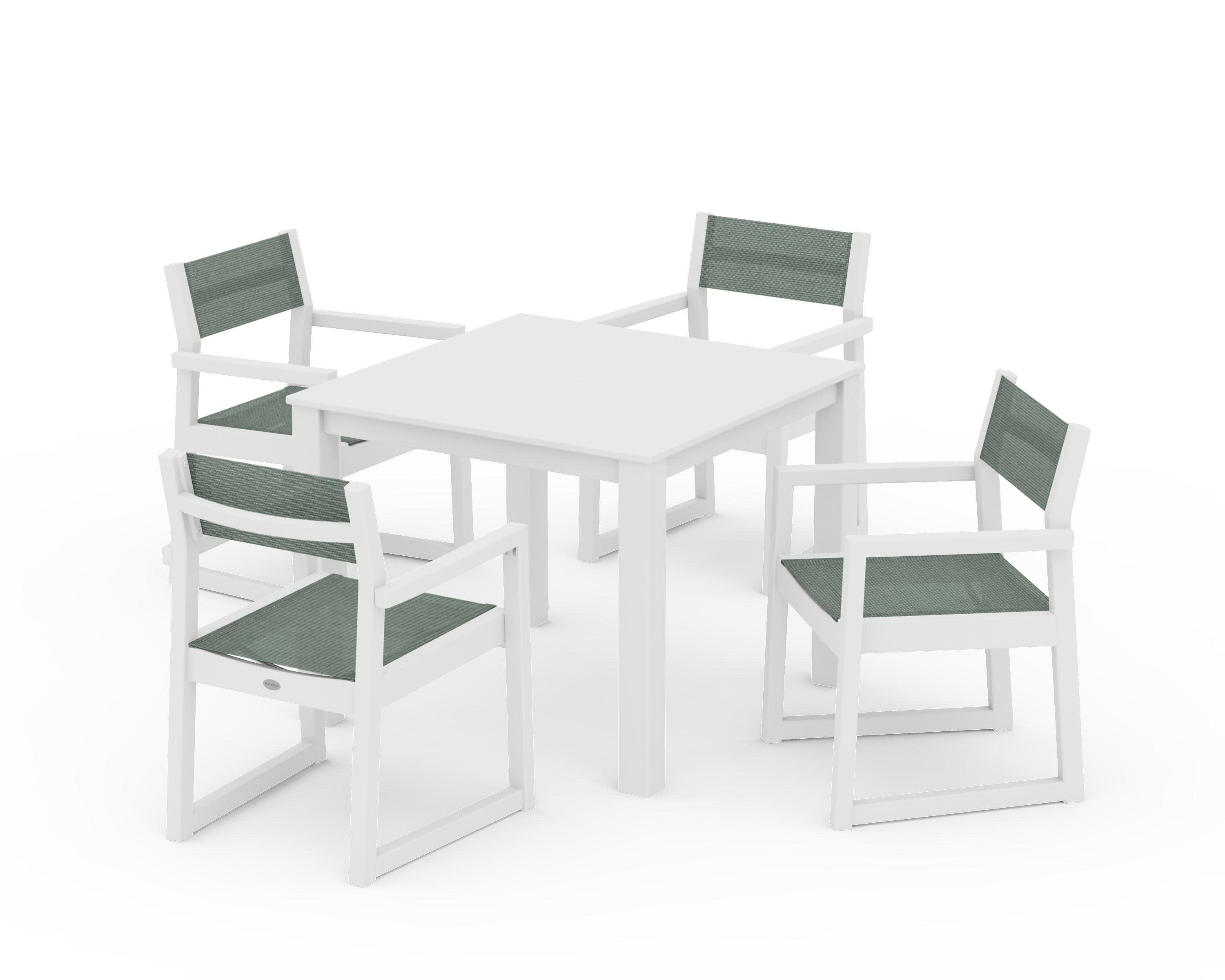 EDGE Sling Arm Chair 5-Piece Parsons Dining Set in White / Dupioni Sea Mist Sling
