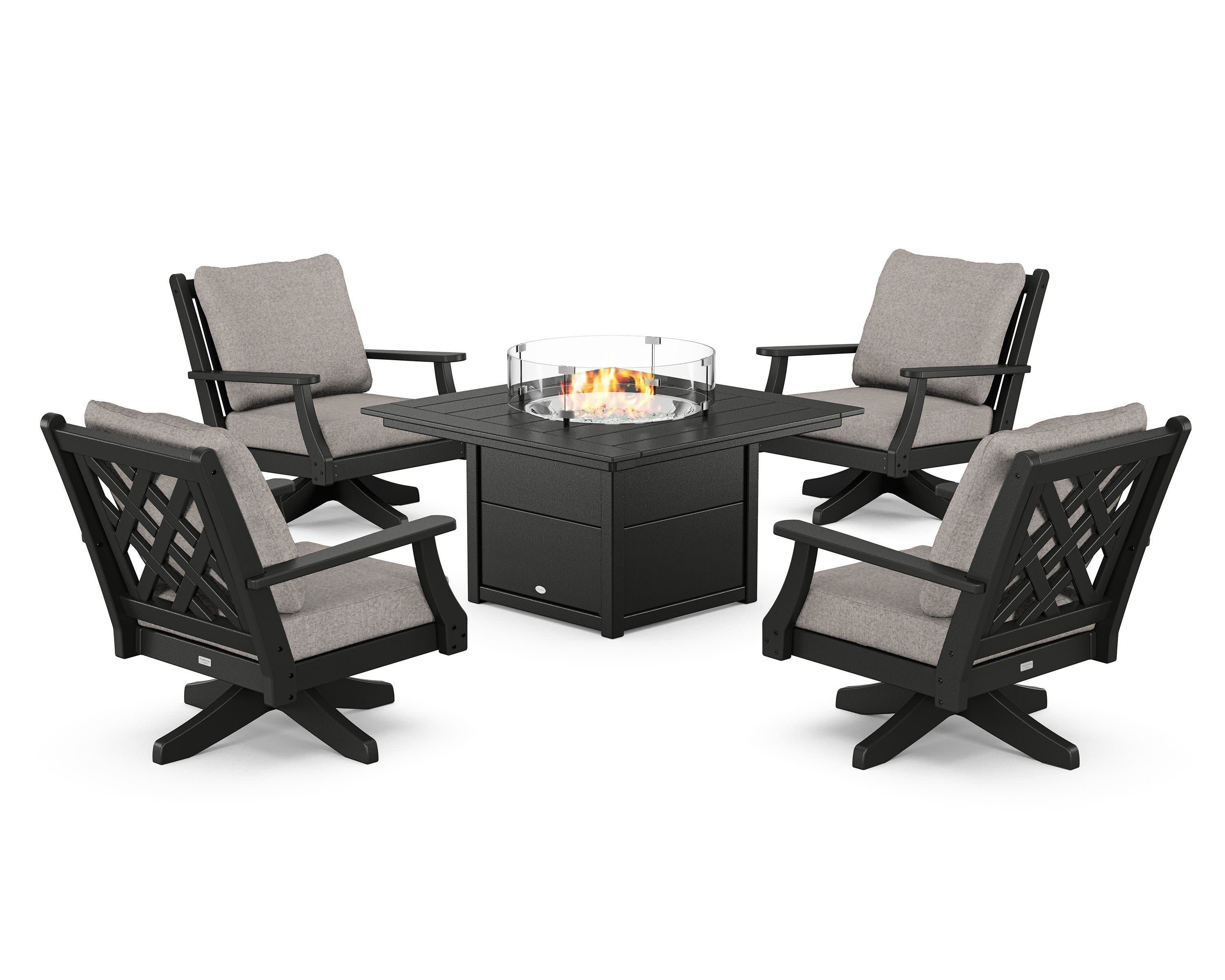 Wovendale 5-Piece Deep Seating Swivel Conversation Set with Fire Pit Table in Black / Weathered Tweed