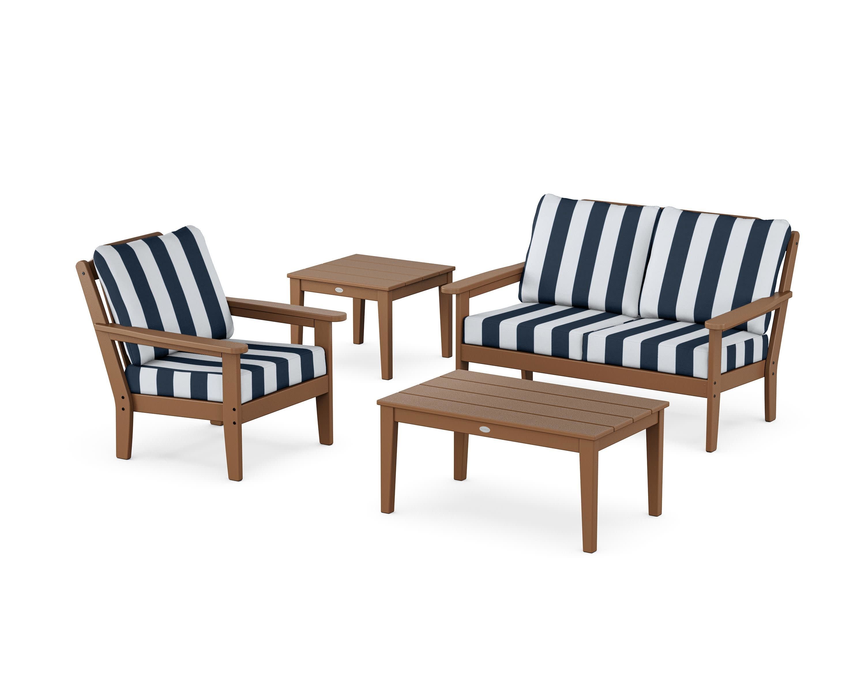 Wovendale 4-Piece Deep Seating Set in Teak / Cabana Stripe Marine Indigo