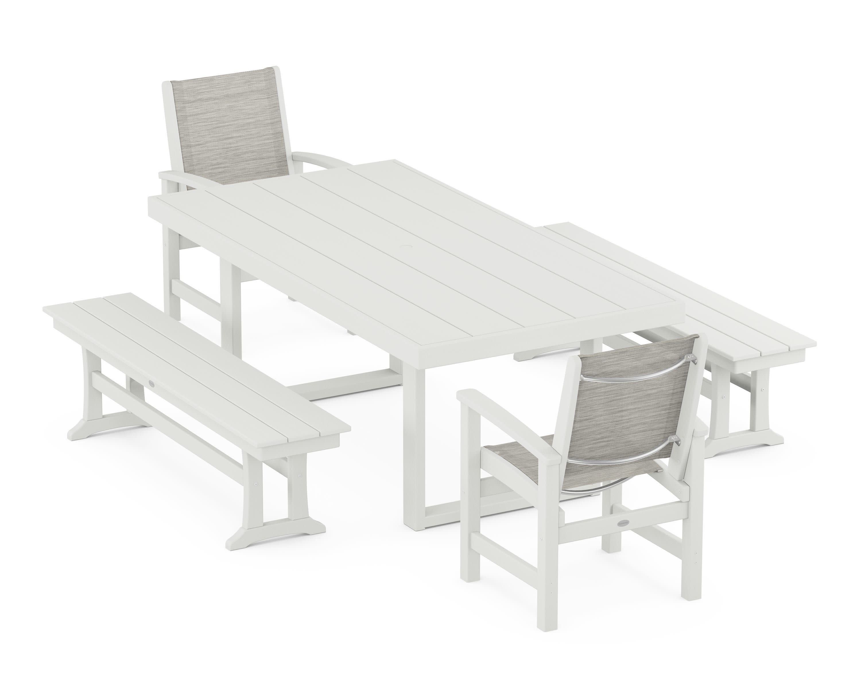 Coastal 5-Piece Dining Set with Trestle Legs in Vintage White / Birch Sling
