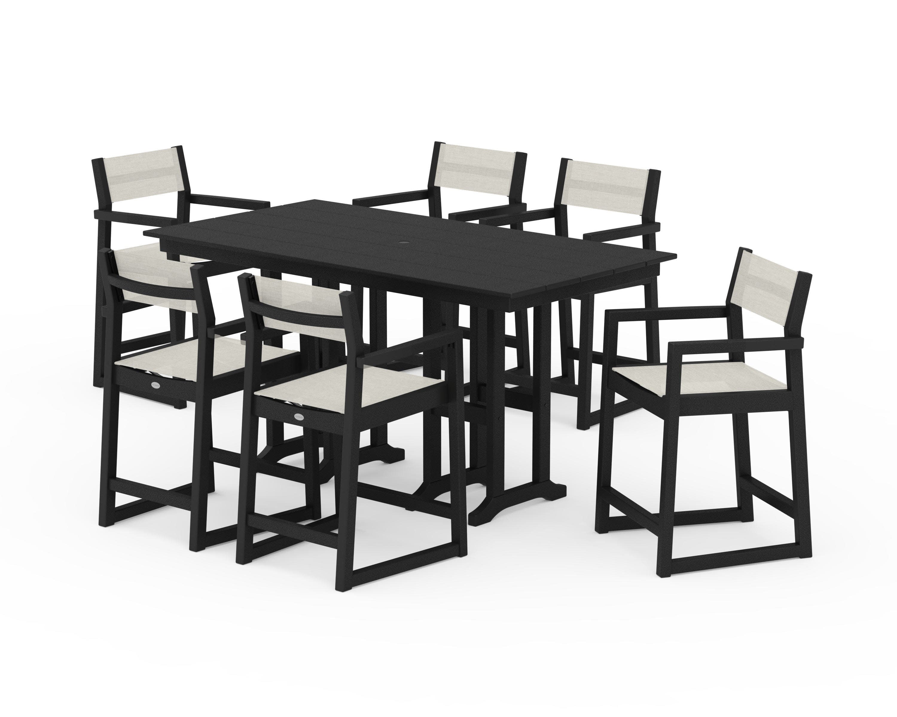 EDGE Sling Arm Chair 7-Piece Farmhouse Counter Set in Black / Parchment Sling