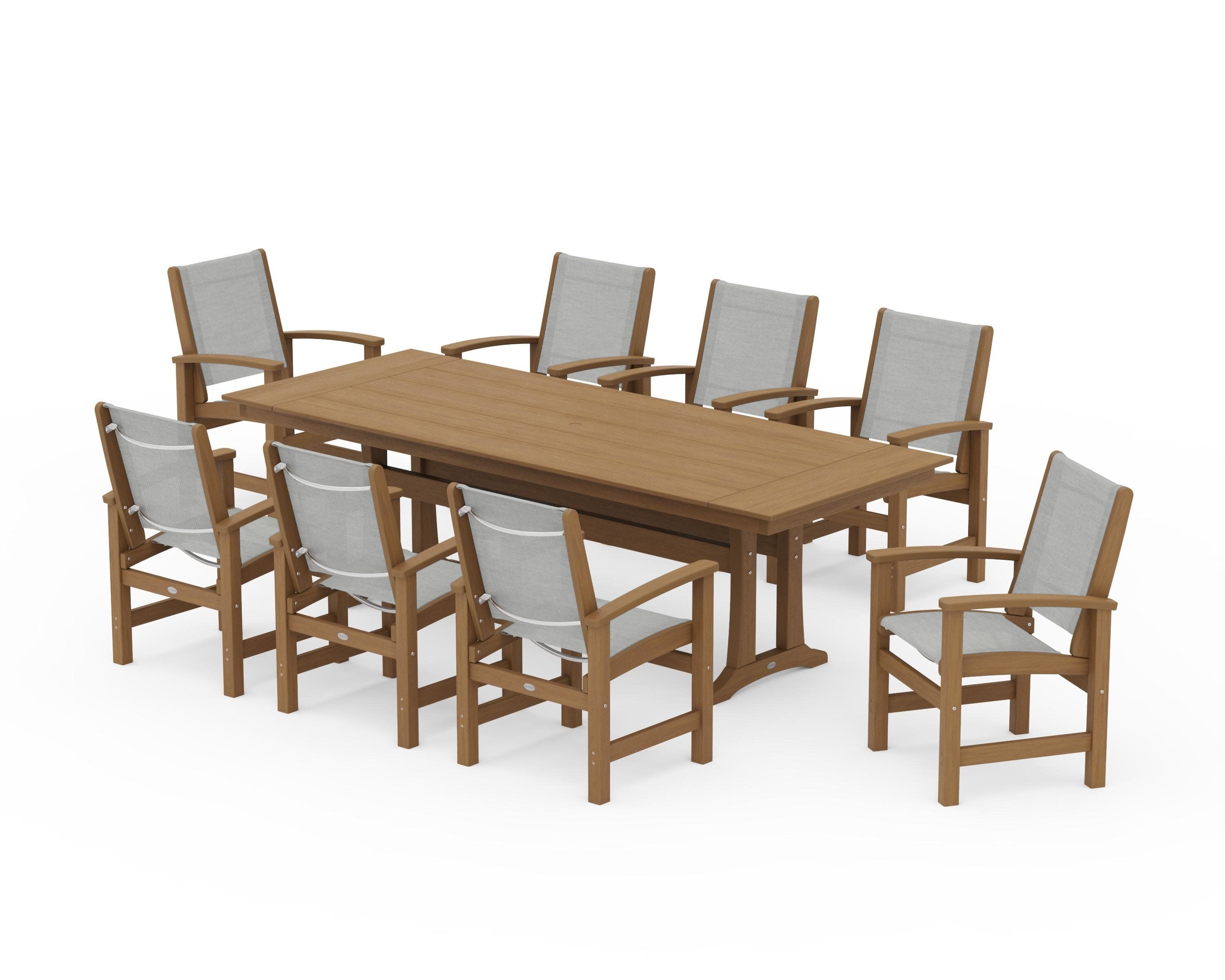 Coastal 9-Piece Farmhouse Dining Set with Trestle Legs in Natural / Metallic Sling