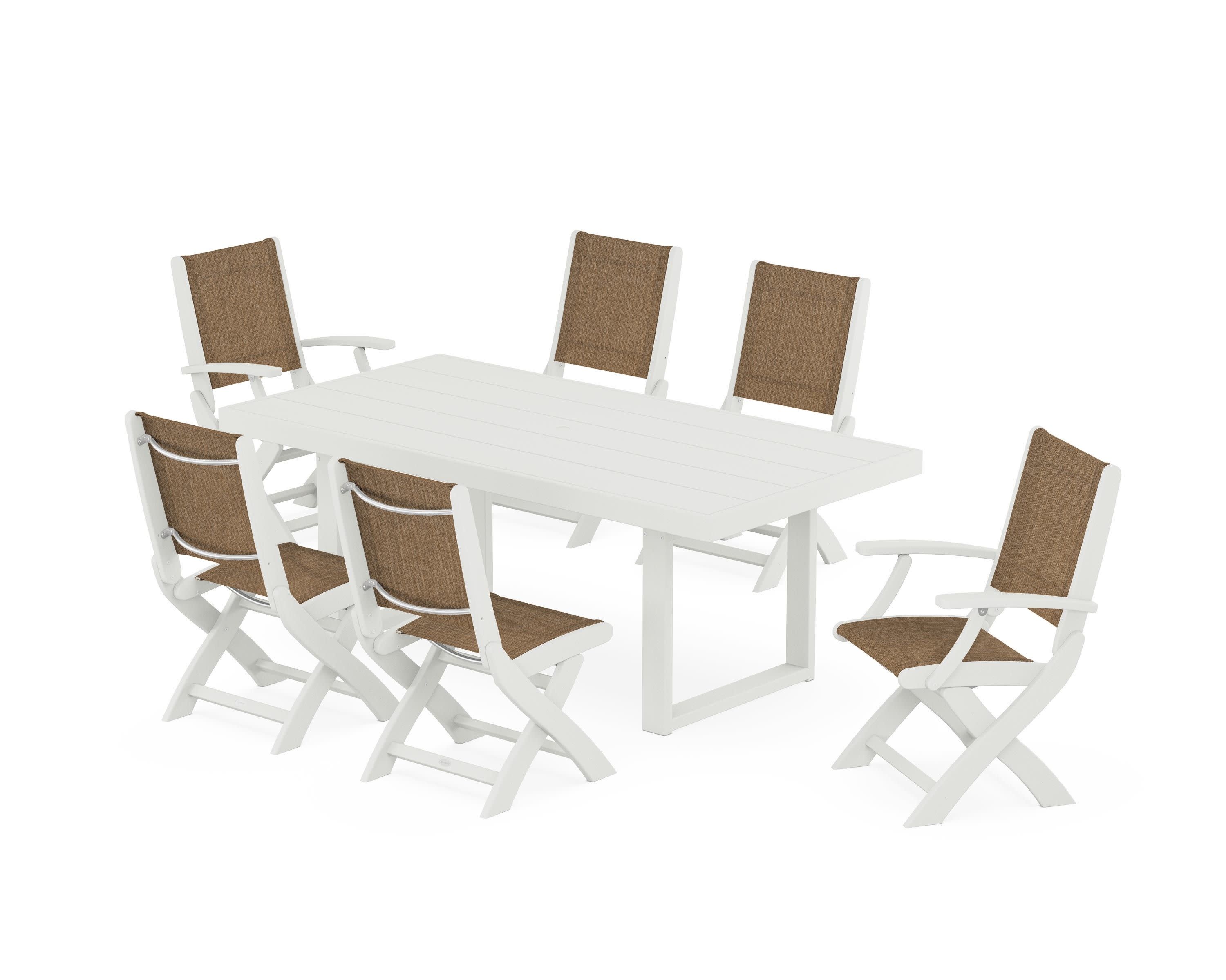 Coastal Folding Chair 7-Piece Dining Set with Trestle Legs in Vintage White / Burlap Sling