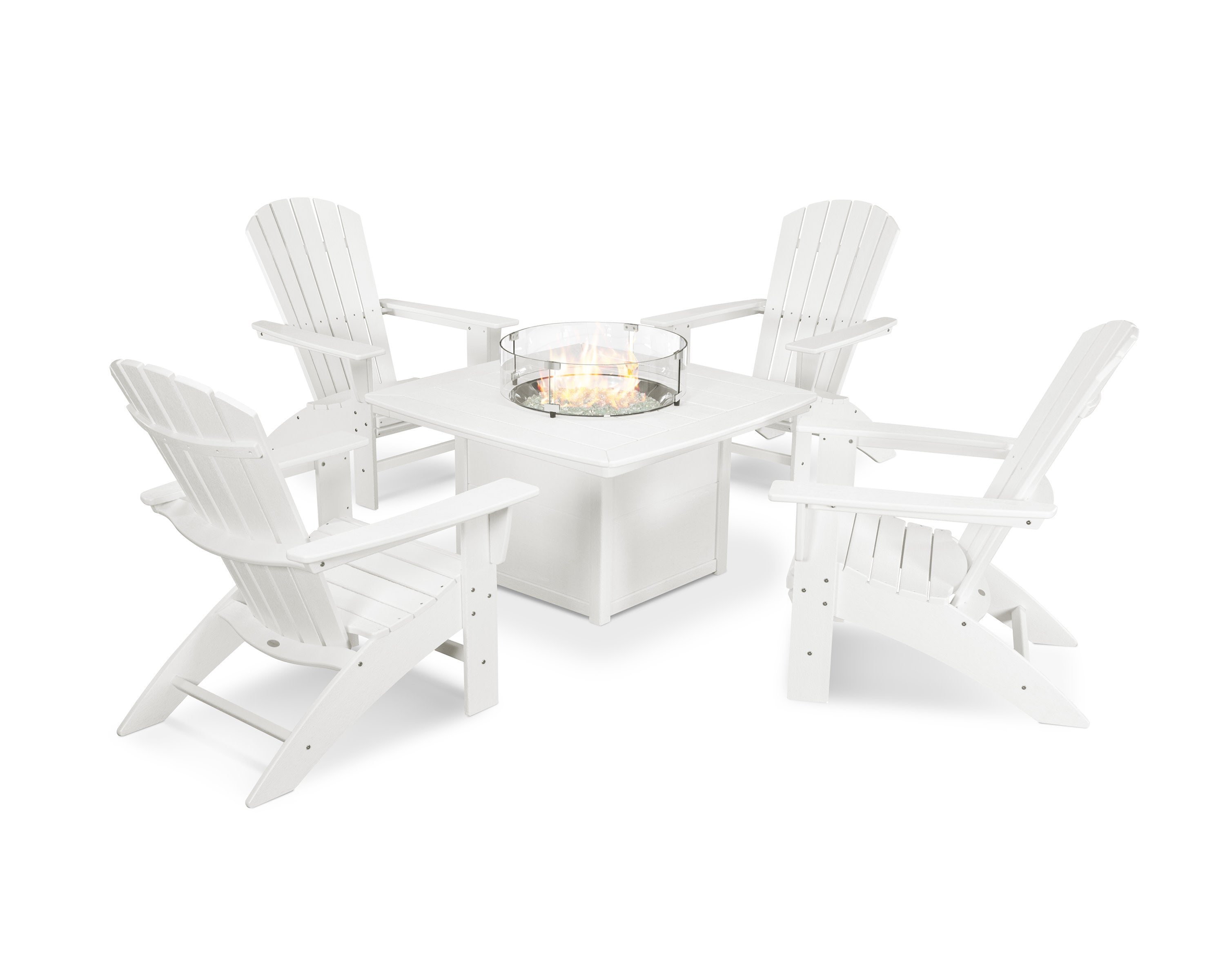 Nautical Curveback Adirondack 5-Piece Conversation Set with Fire Pit Table in Vintage White