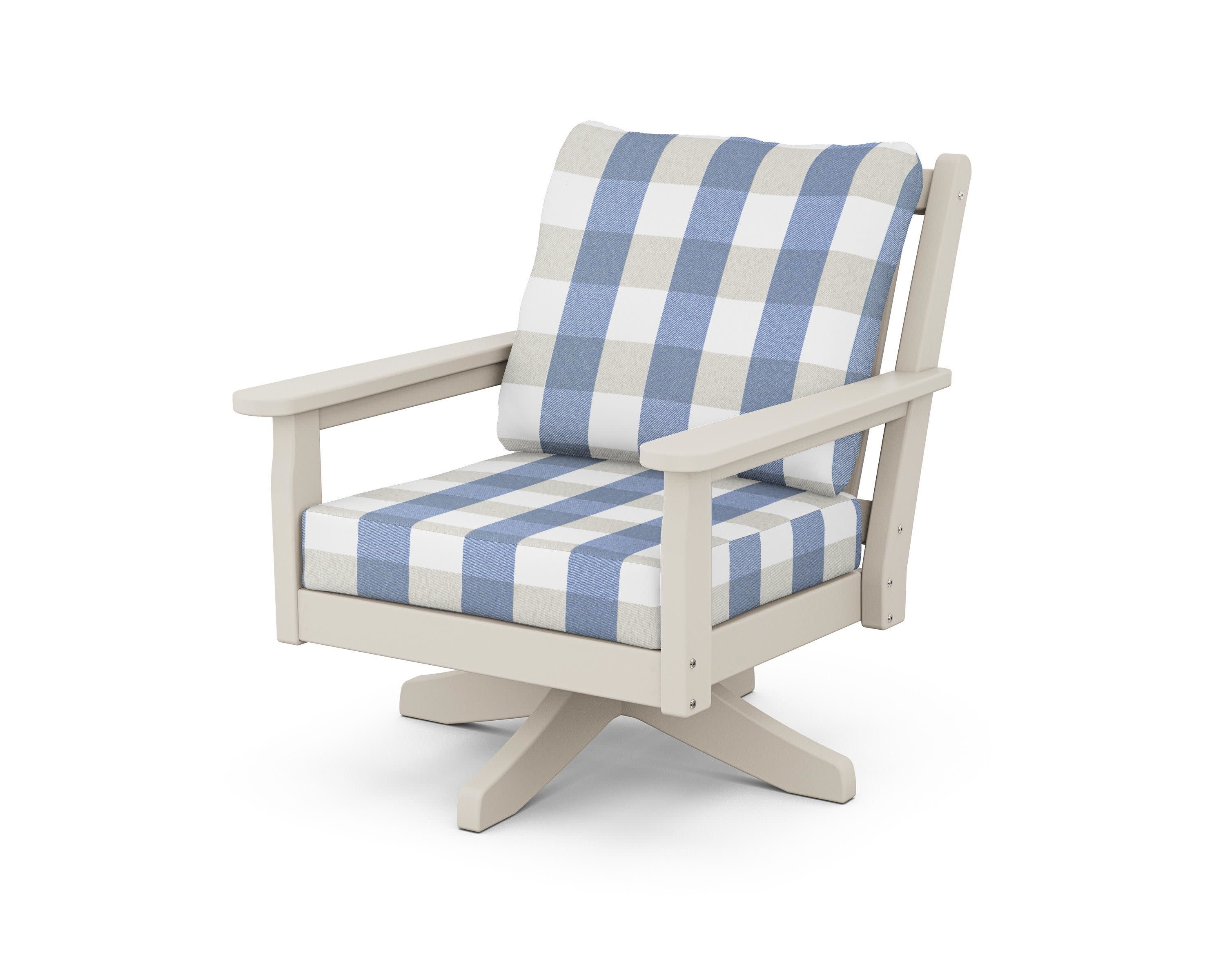 Chippendale Deep Seating Swivel Chair in Sand / Buffalo Plaid Sky Blue