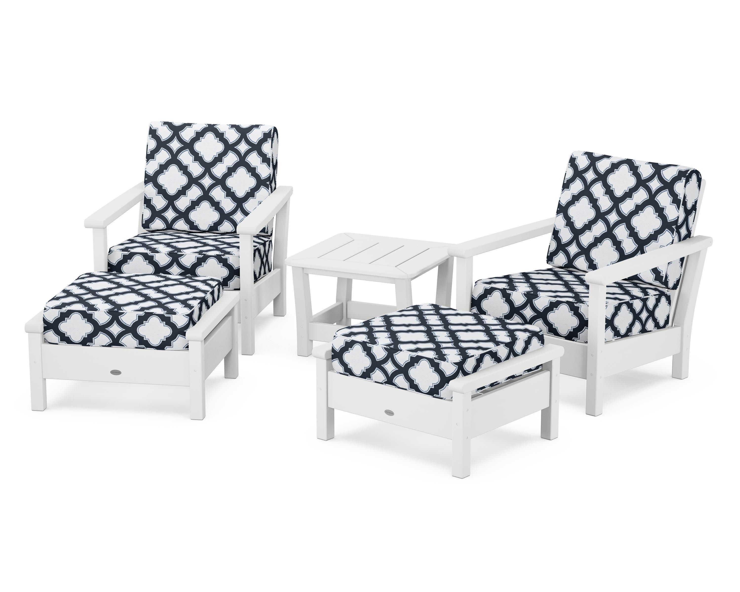 Harbour 5-Piece Deep Seating Chair Set in White / Trellis Marine Indigo
