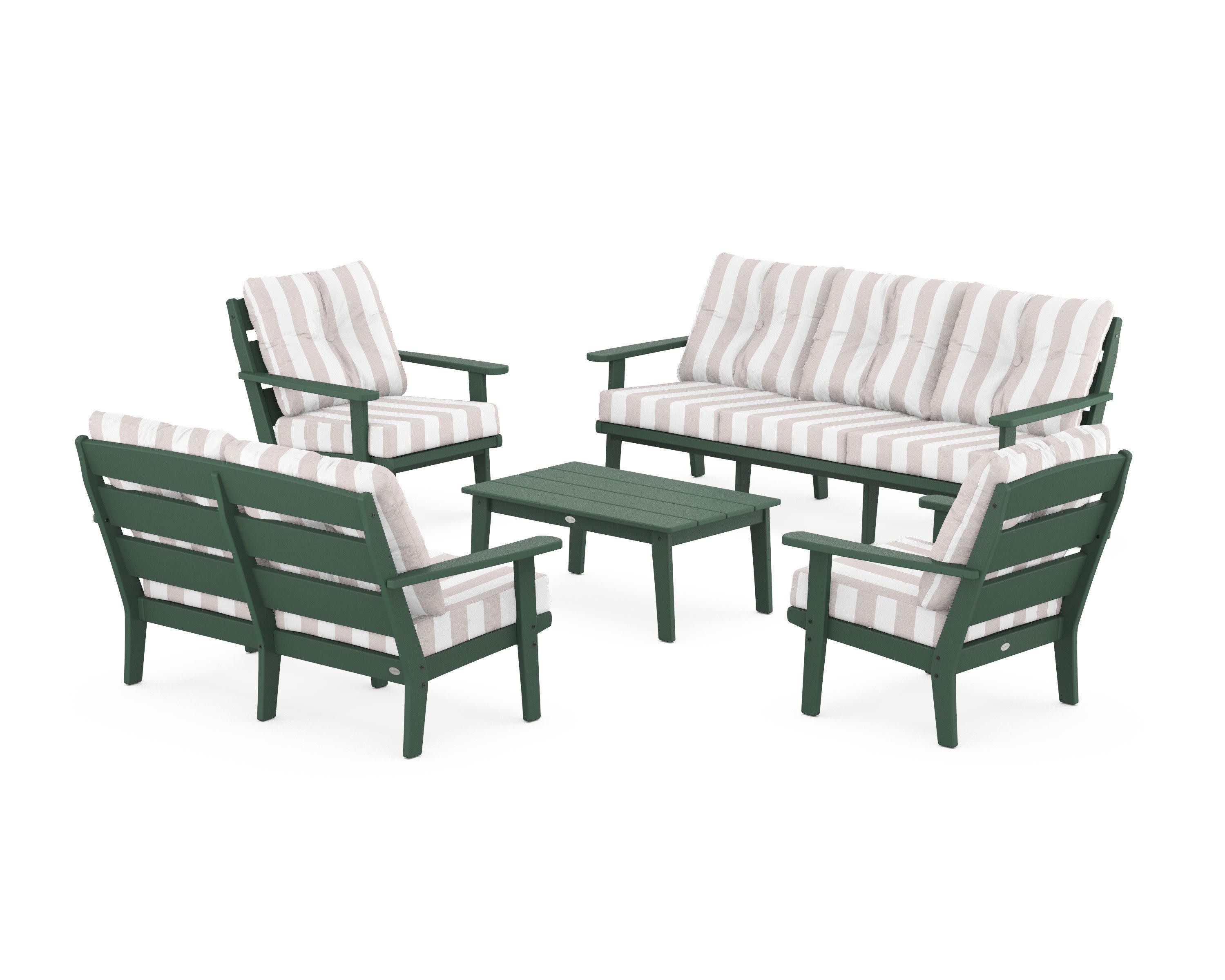 Lakeside 5-Piece Lounge Sofa Set in Green / Cabana Stripe Dune Burlap