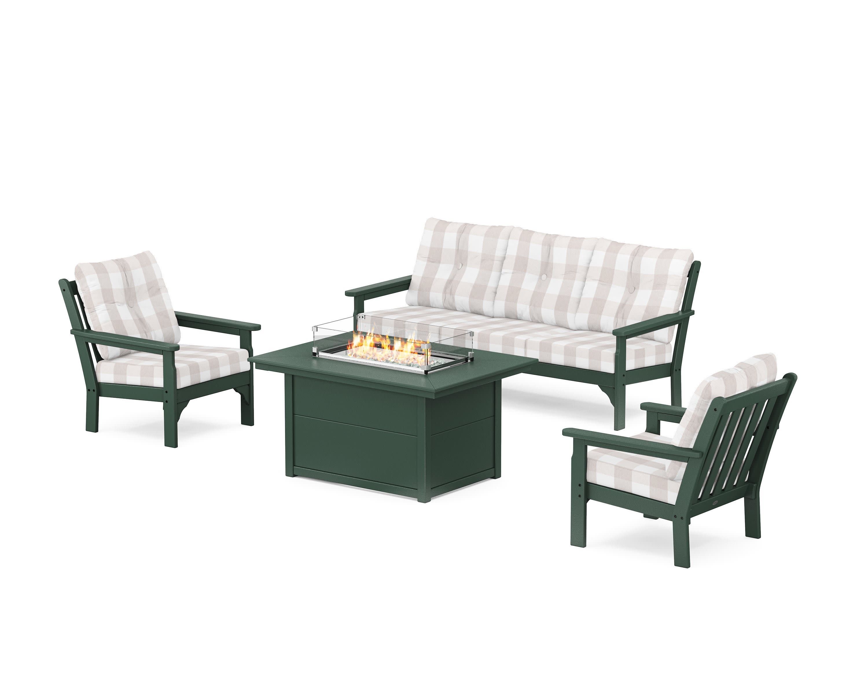 Vineyard Deep Seating Fire Pit Table Set in Green / Buffalo Plaid Dune Burlap