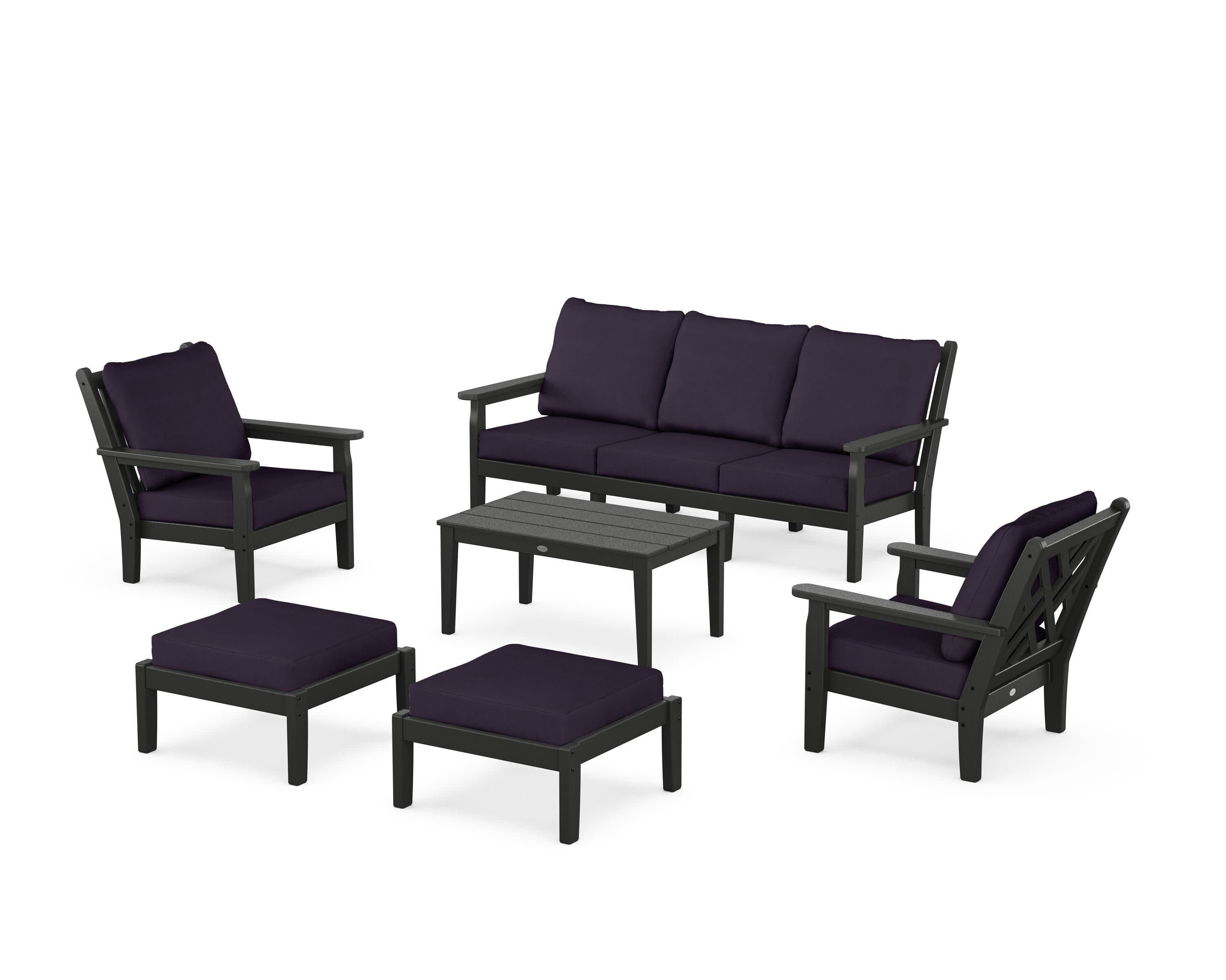 Chippendale 6-Piece Lounge Sofa Set in Black / Navy Linen
