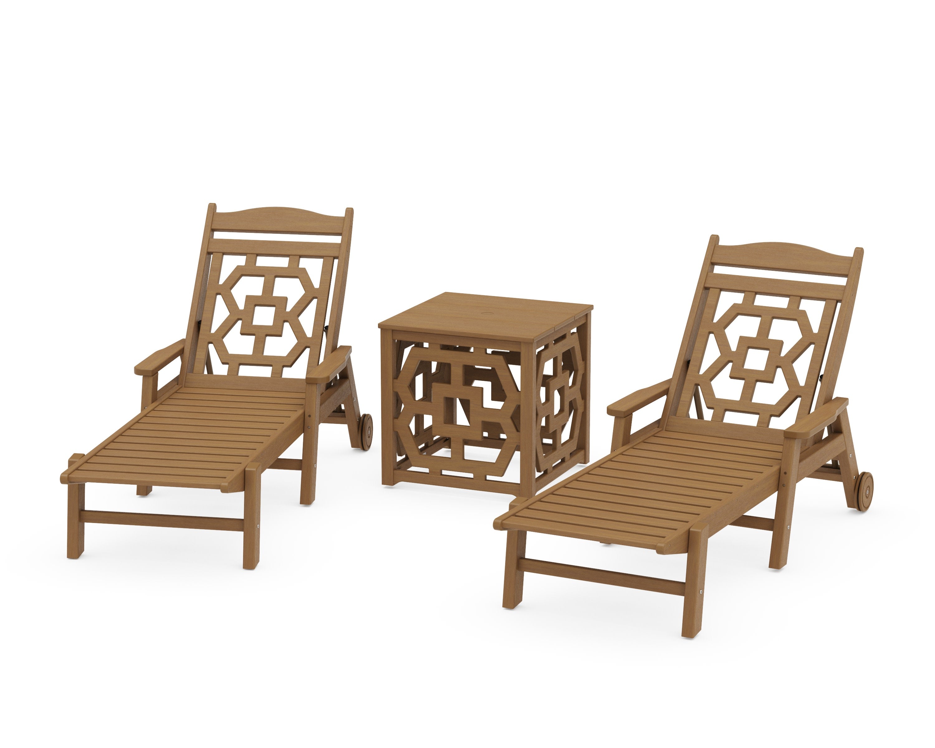 Chinoiserie 3-Piece Chaise Set with Umbrella Stand Accent Table in Natural