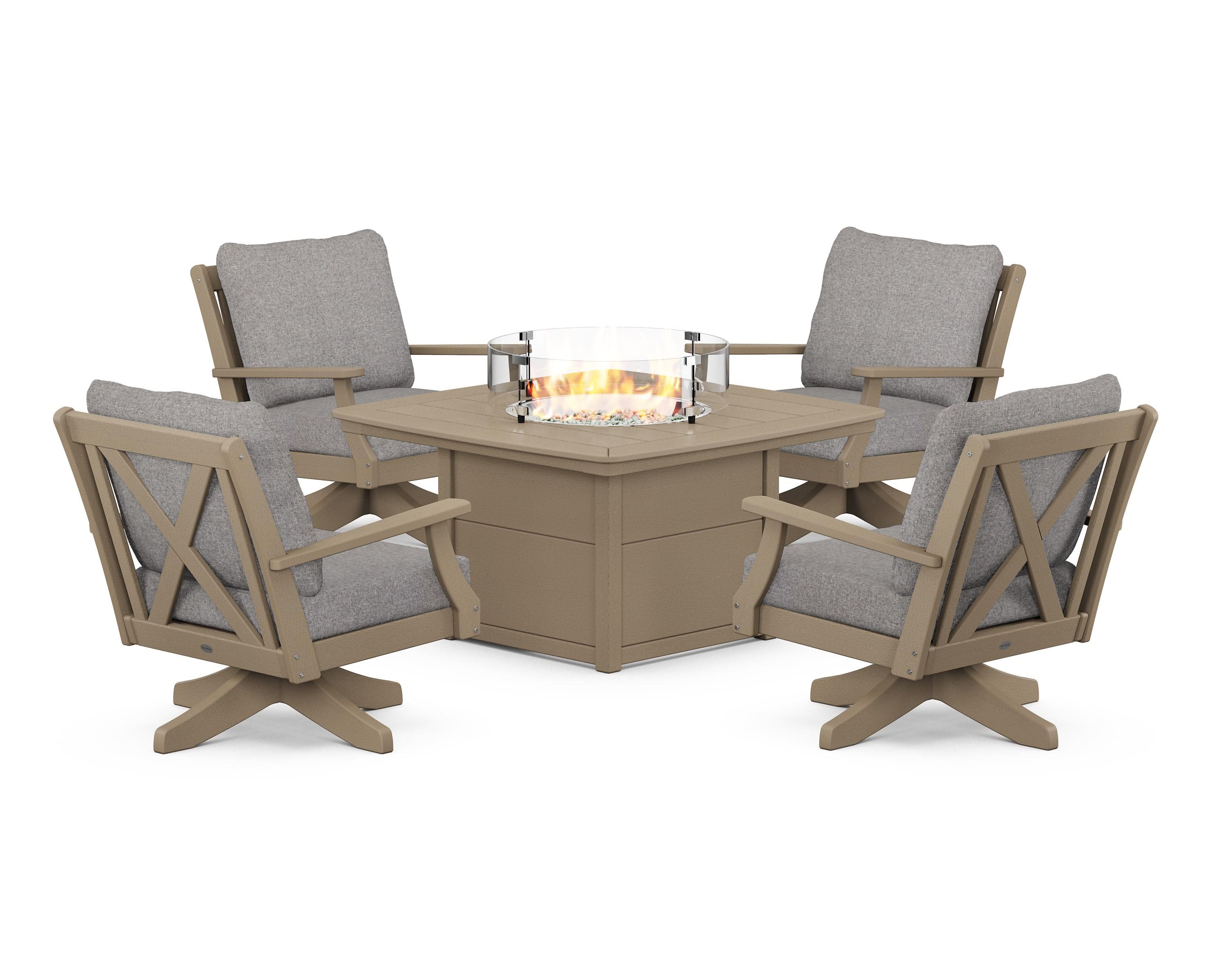 Braxton 5-Piece Deep Seating Swivel Conversation Set with Fire Pit Table in Vintage Sahara / Grey Mist