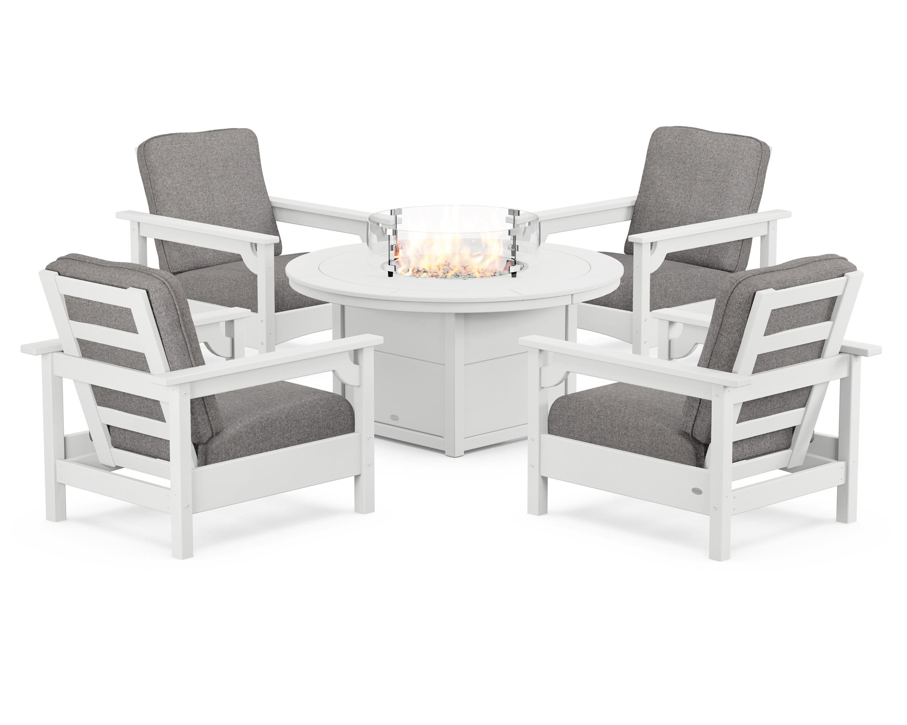 Club 5-Piece Conversation Set with Fire Pit Table in White / Grey Mist