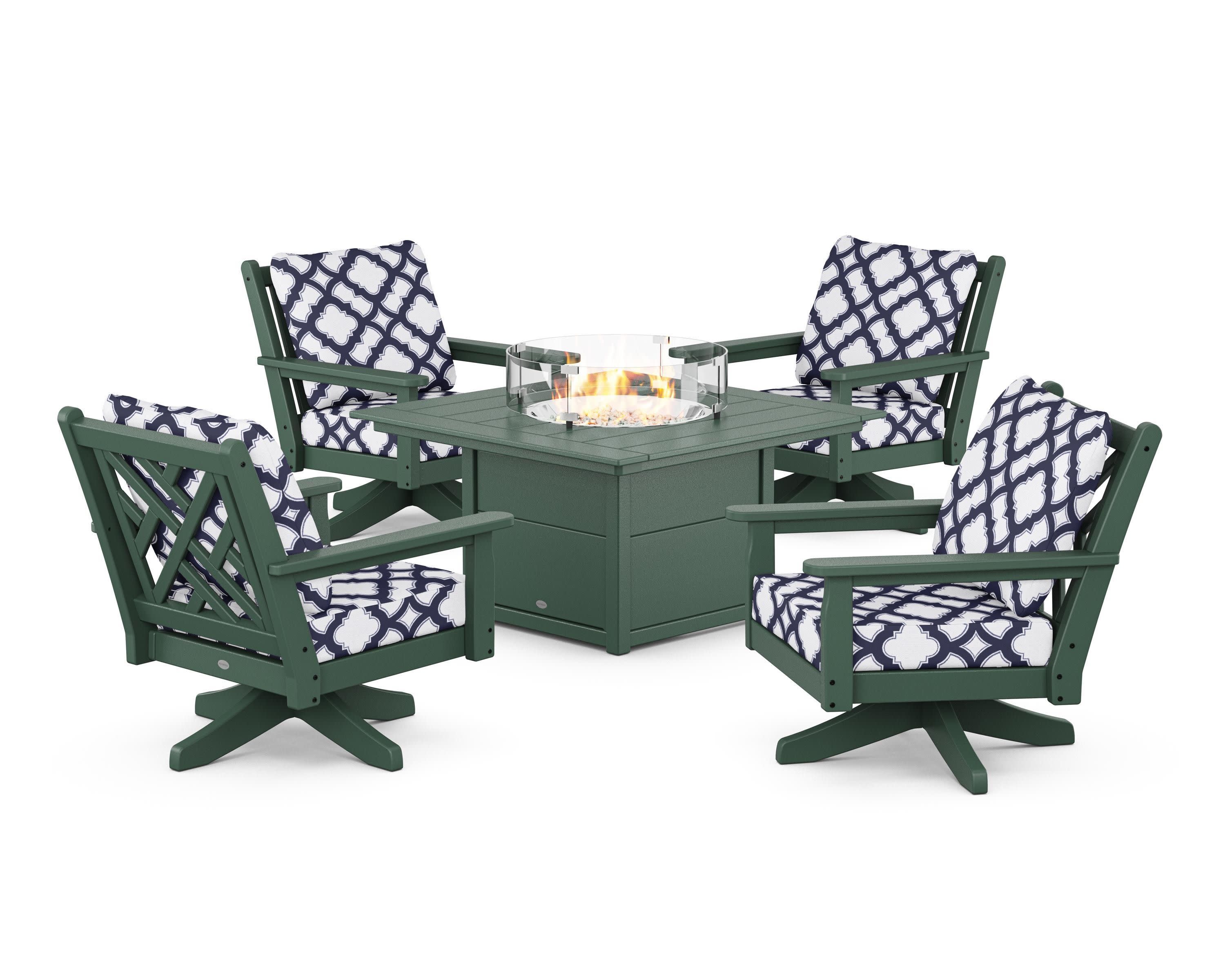 Chippendale 5-Piece Deep Seating Swivel Conversation Set with Fire Pit Table in Green / Trellis Navy