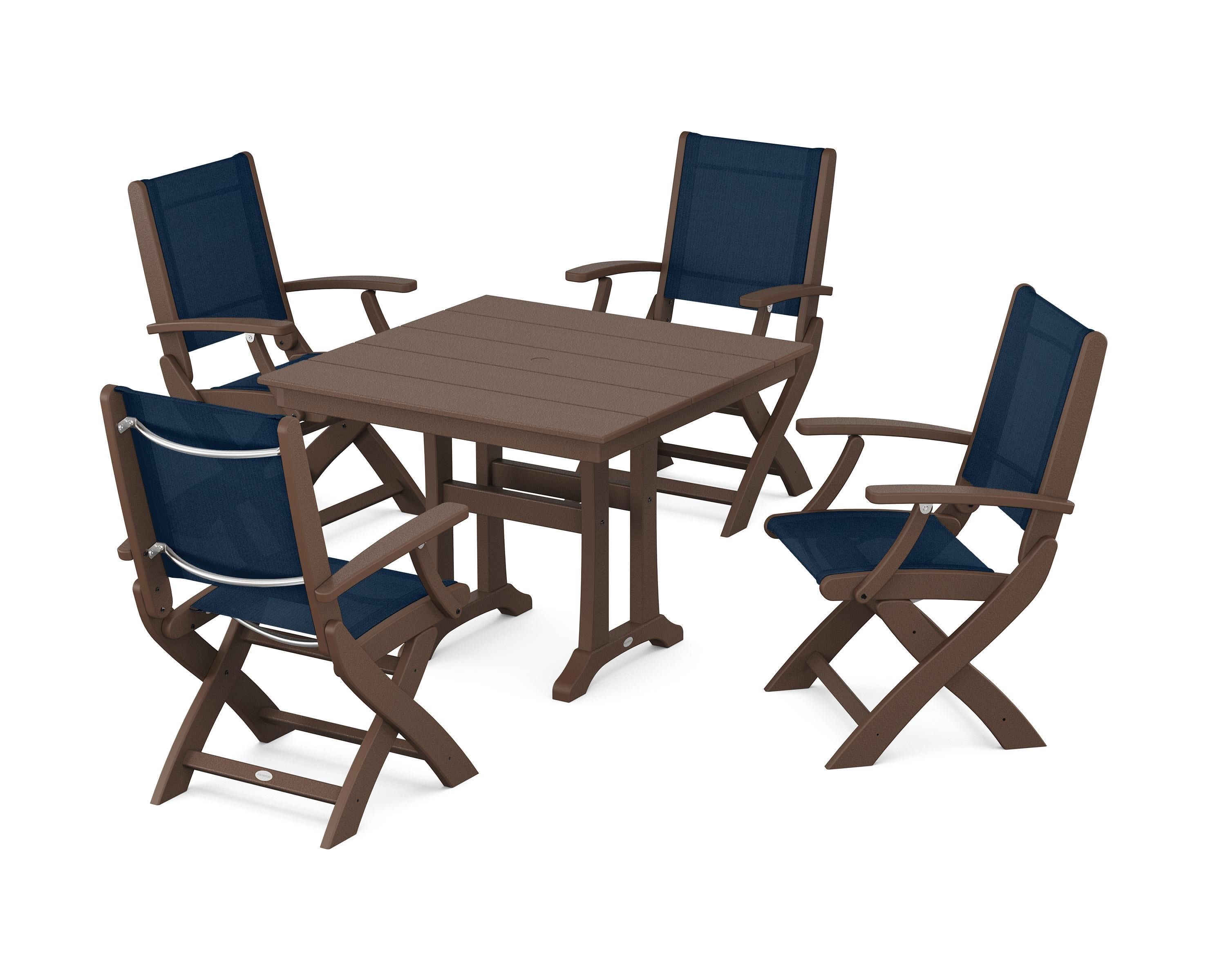 Coastal Folding Chair 5-Piece Farmhouse Dining Set With Trestle Legs in Mahogany / Navy Blue Sling