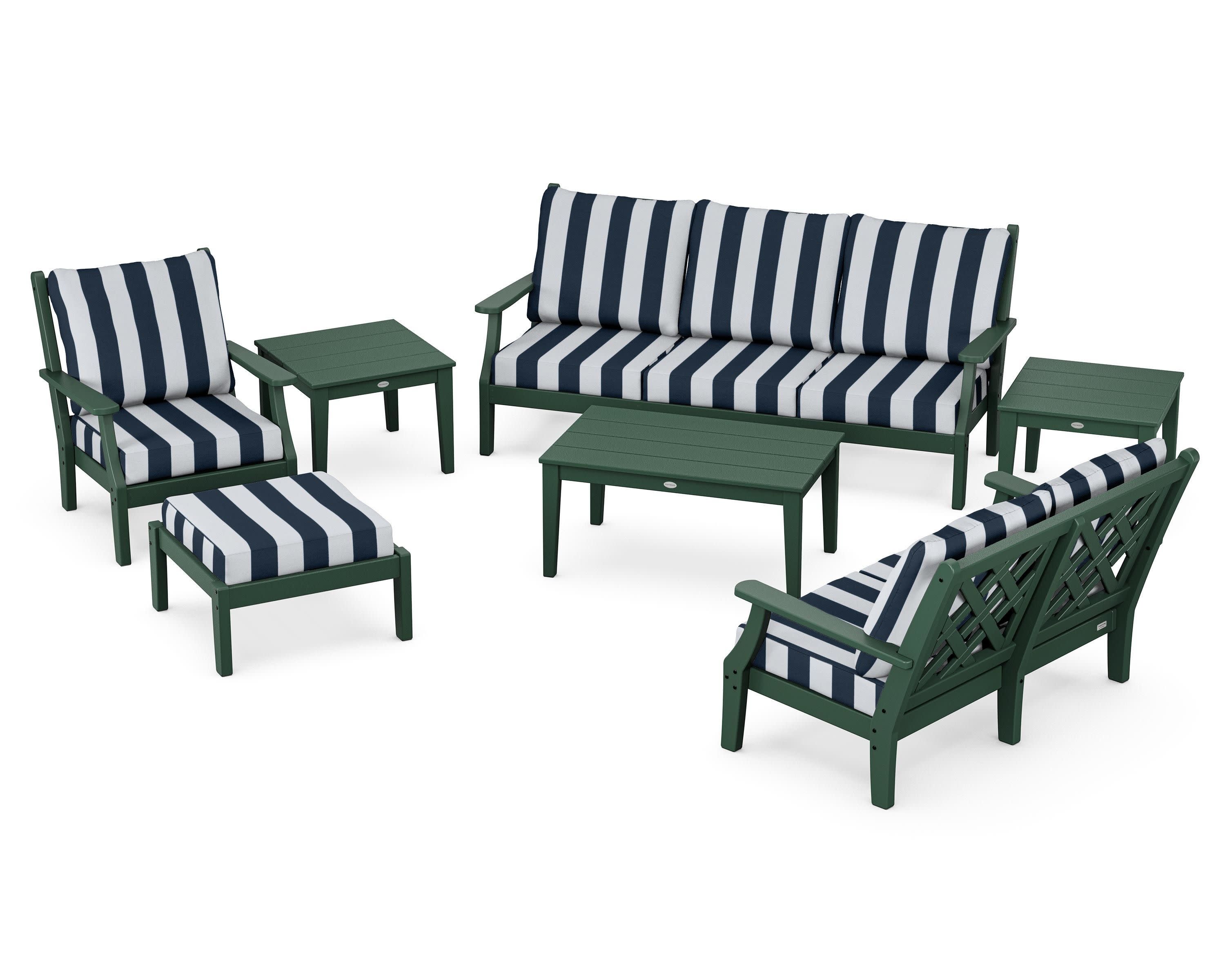 Wovendale 7-Piece Deep Seating Set in Green / Cabana Stripe Marine Indigo