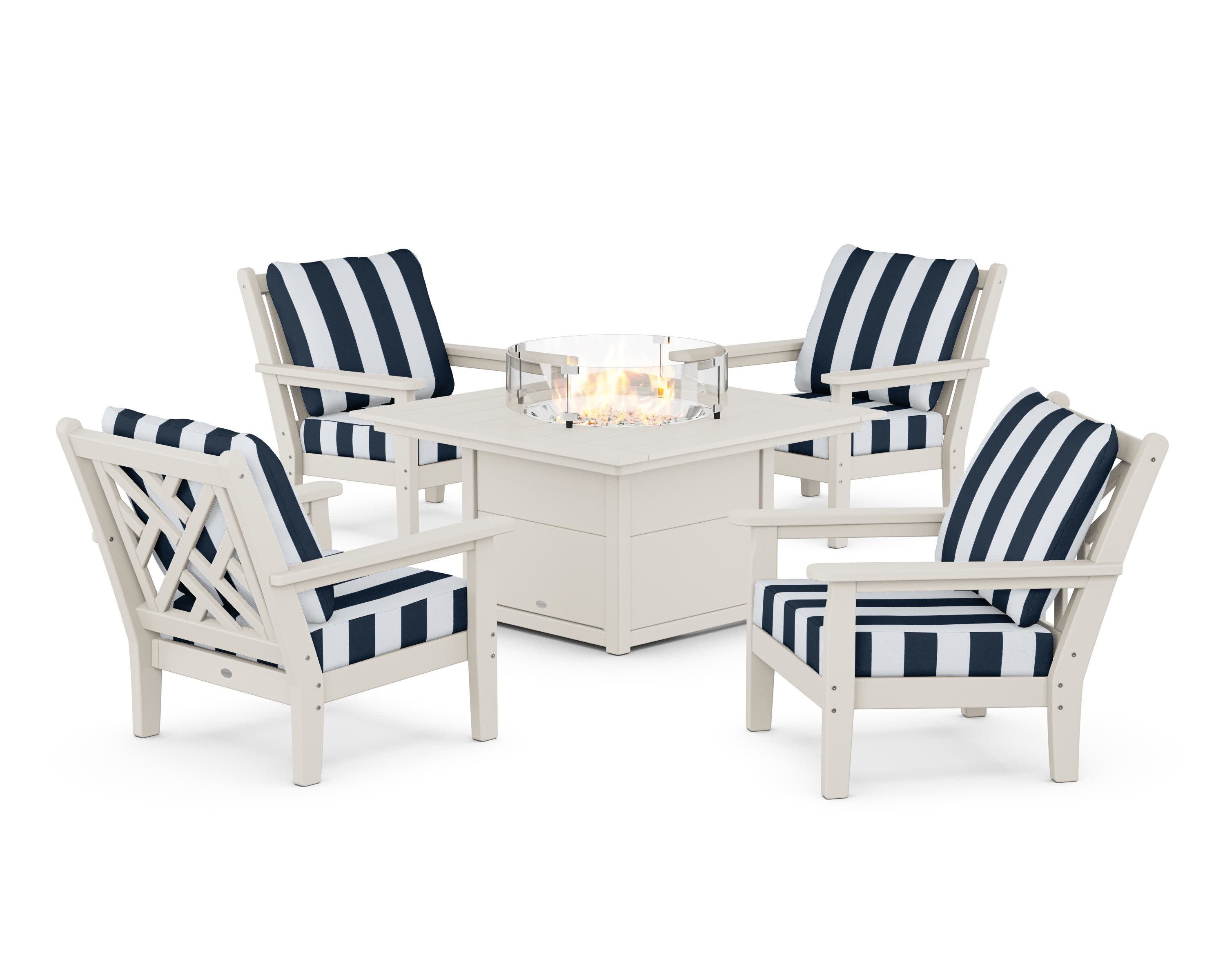 Chippendale 5-Piece Deep Seating Set with Fire Pit Table in Sand / Cabana Stripe Marine Indigo
