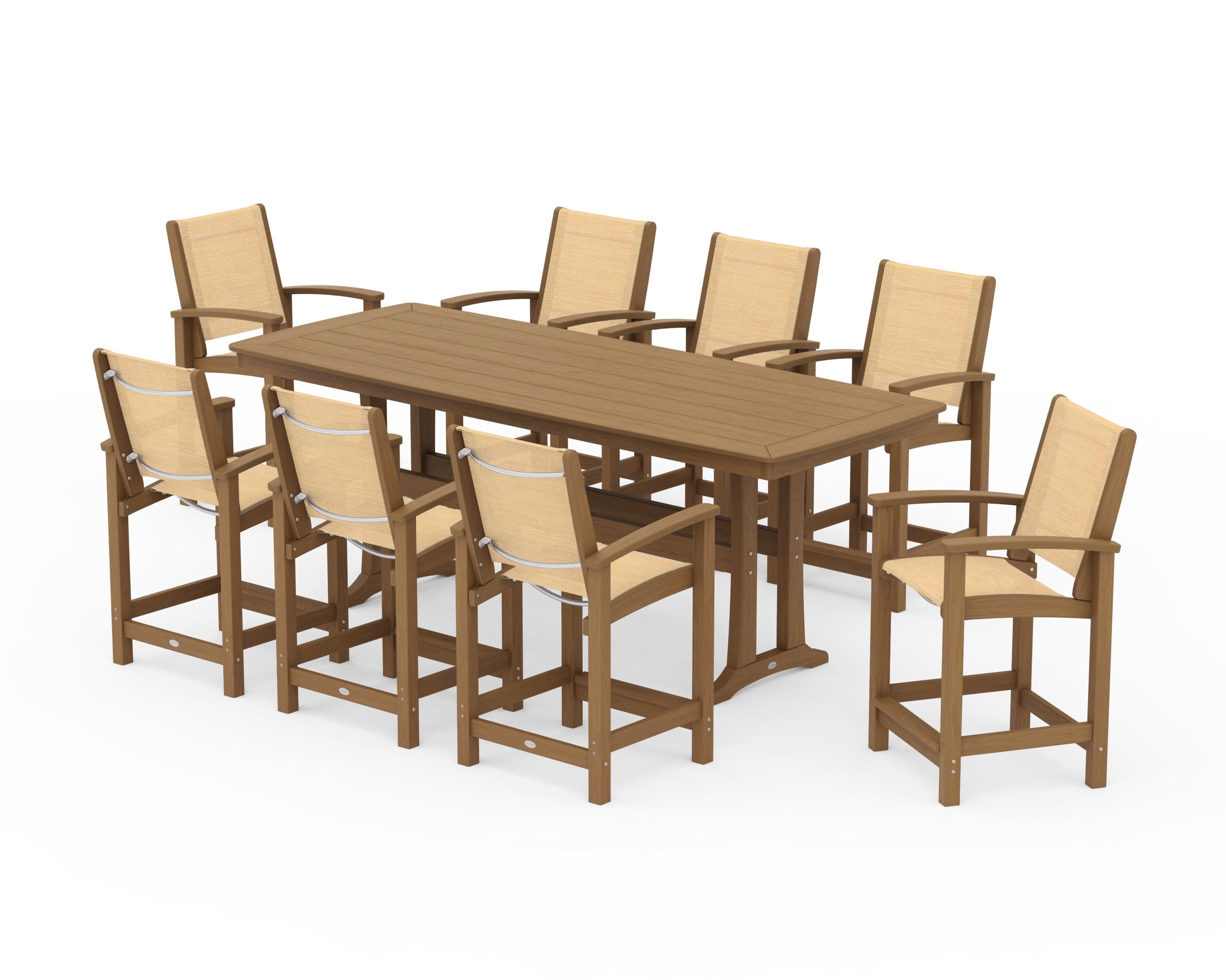 Coastal 9-Piece Counter Set with Trestle Legs in Natural / Dupioni Apricot Sling