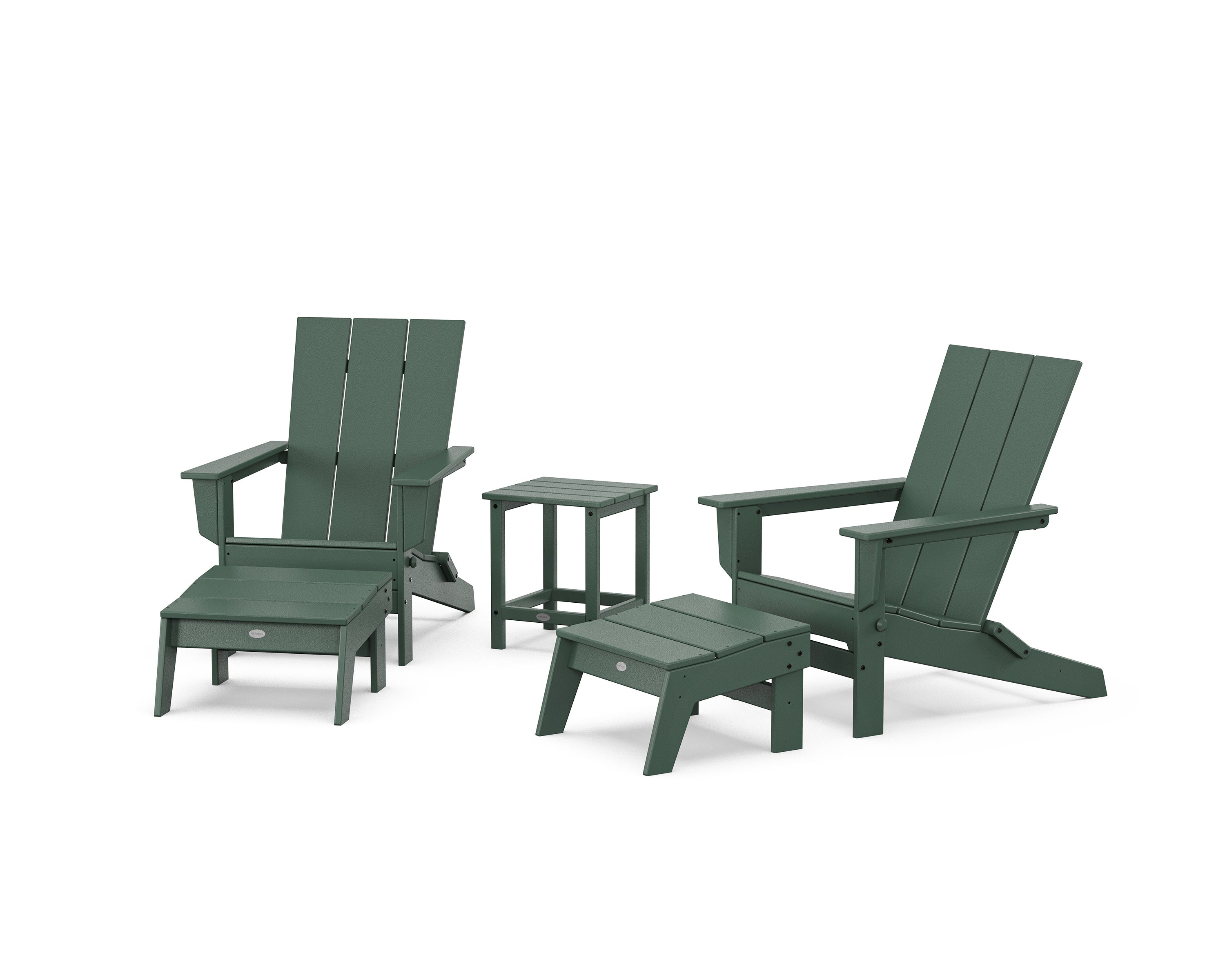 5-Piece Modern Studio Folding Adirondack Set with Ottomans and Side Table in Green