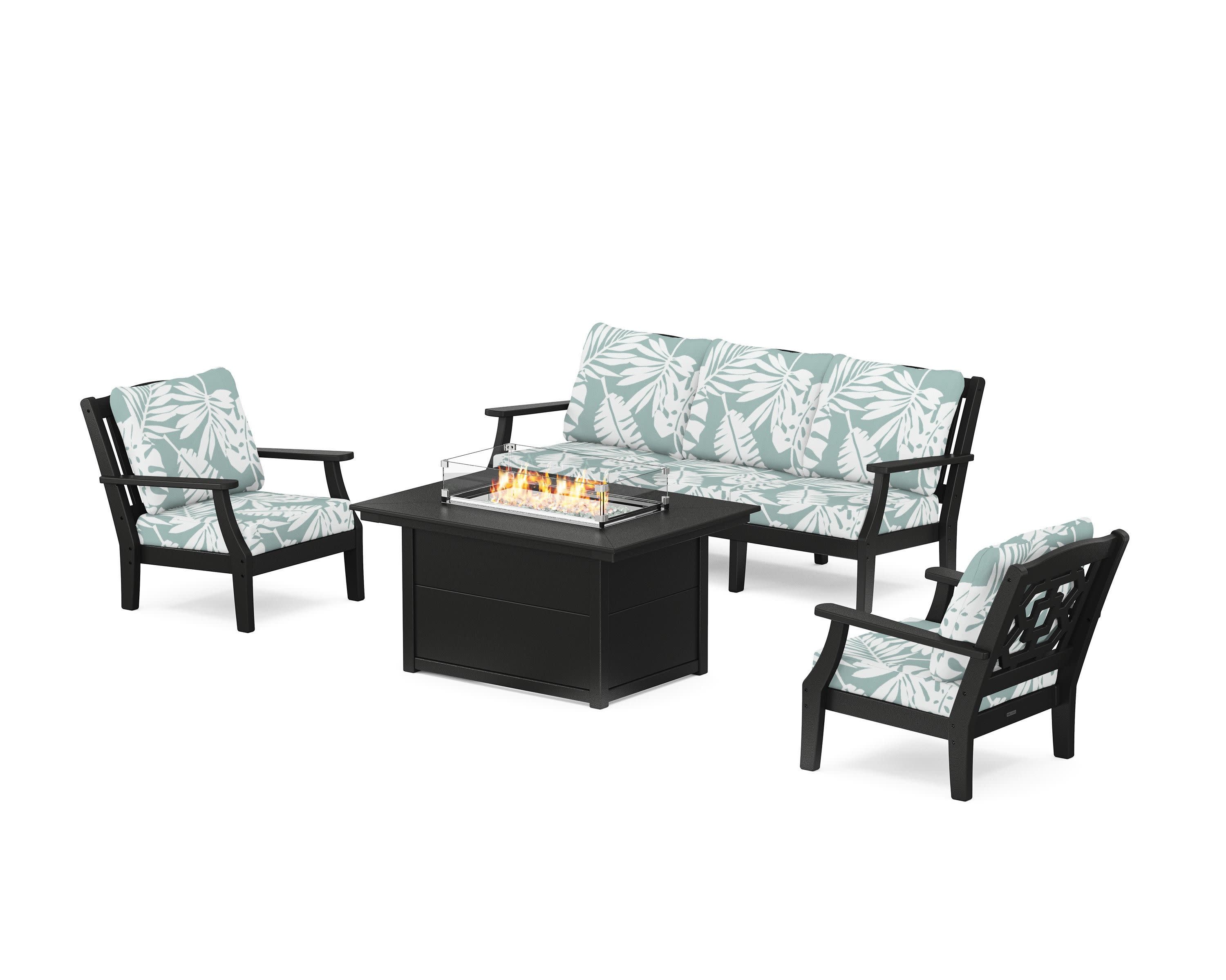 Chinoiserie Deep Seating Fire Pit Table Set in Black / Leaf Glacier Spa
