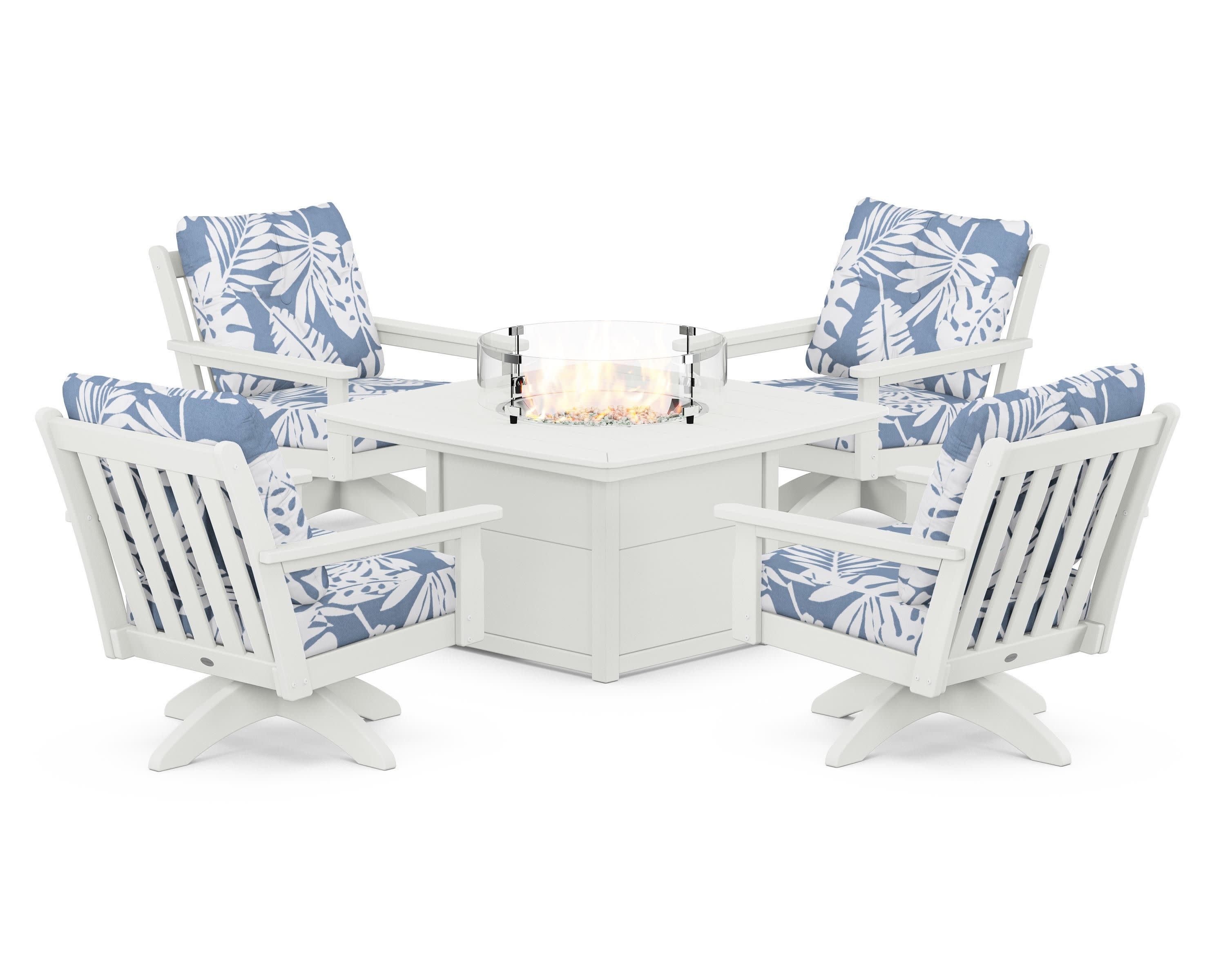 Vineyard 5-Piece Deep Seating Swivel Conversation Set with Fire Pit Table in Vintage White / Leaf Sky Blue