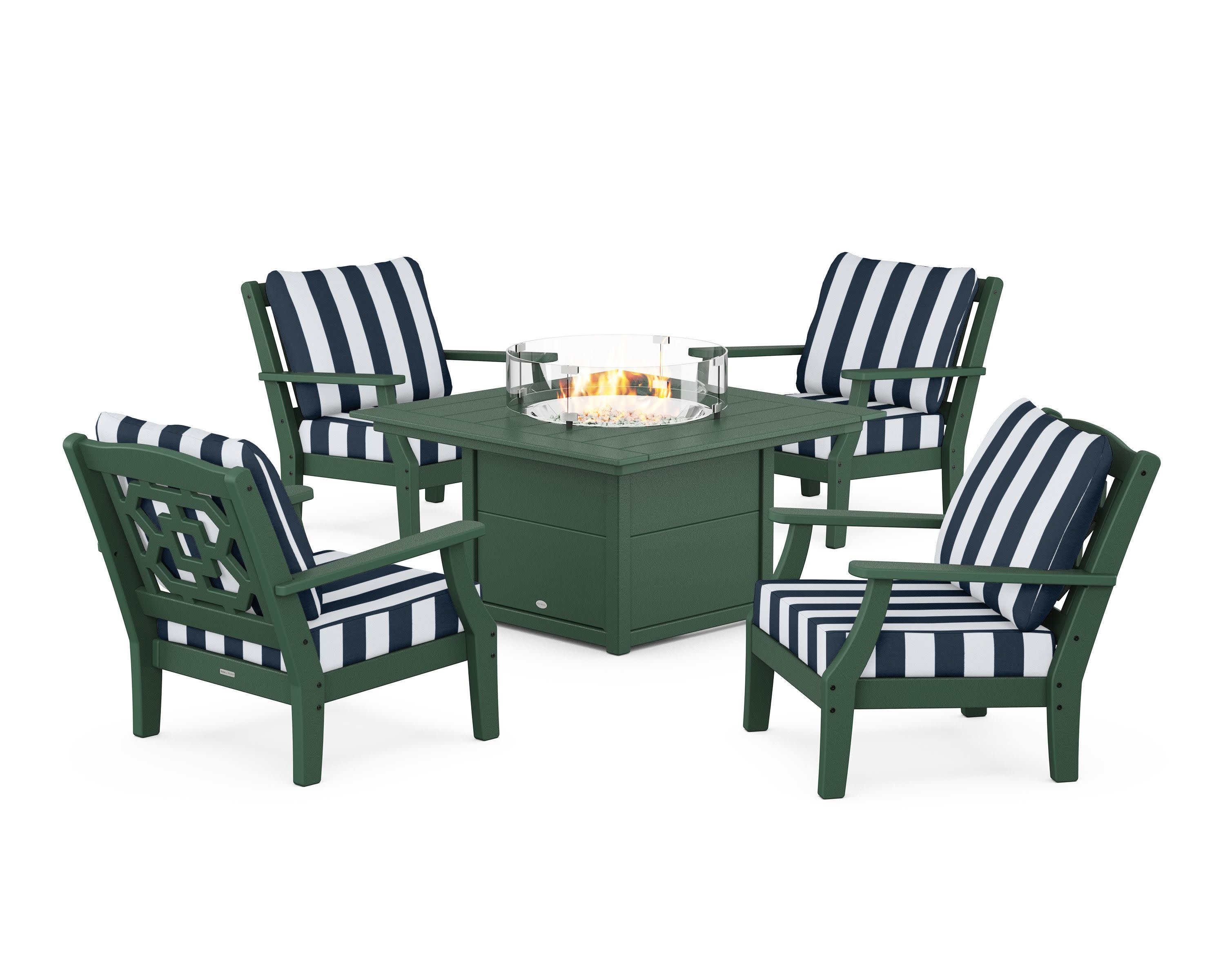 Chinoiserie 5-Piece Deep Seating Set with Fire Pit Table in Green / Cabana Stripe Marine Indigo