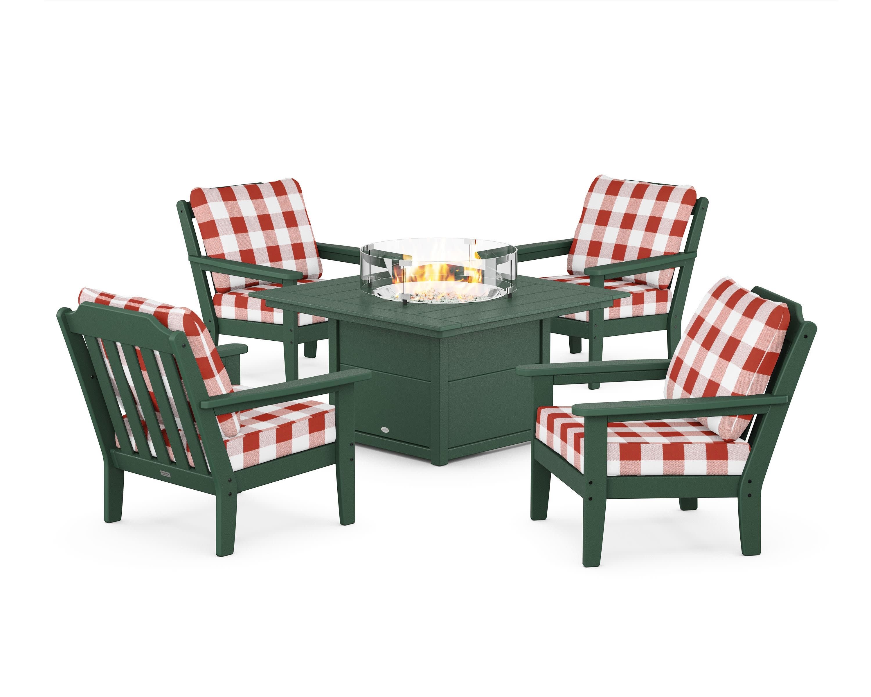 Cottage 5-Piece Deep Seating Set with Fire Pit Table in Green / Buffalo Plaid Crimson