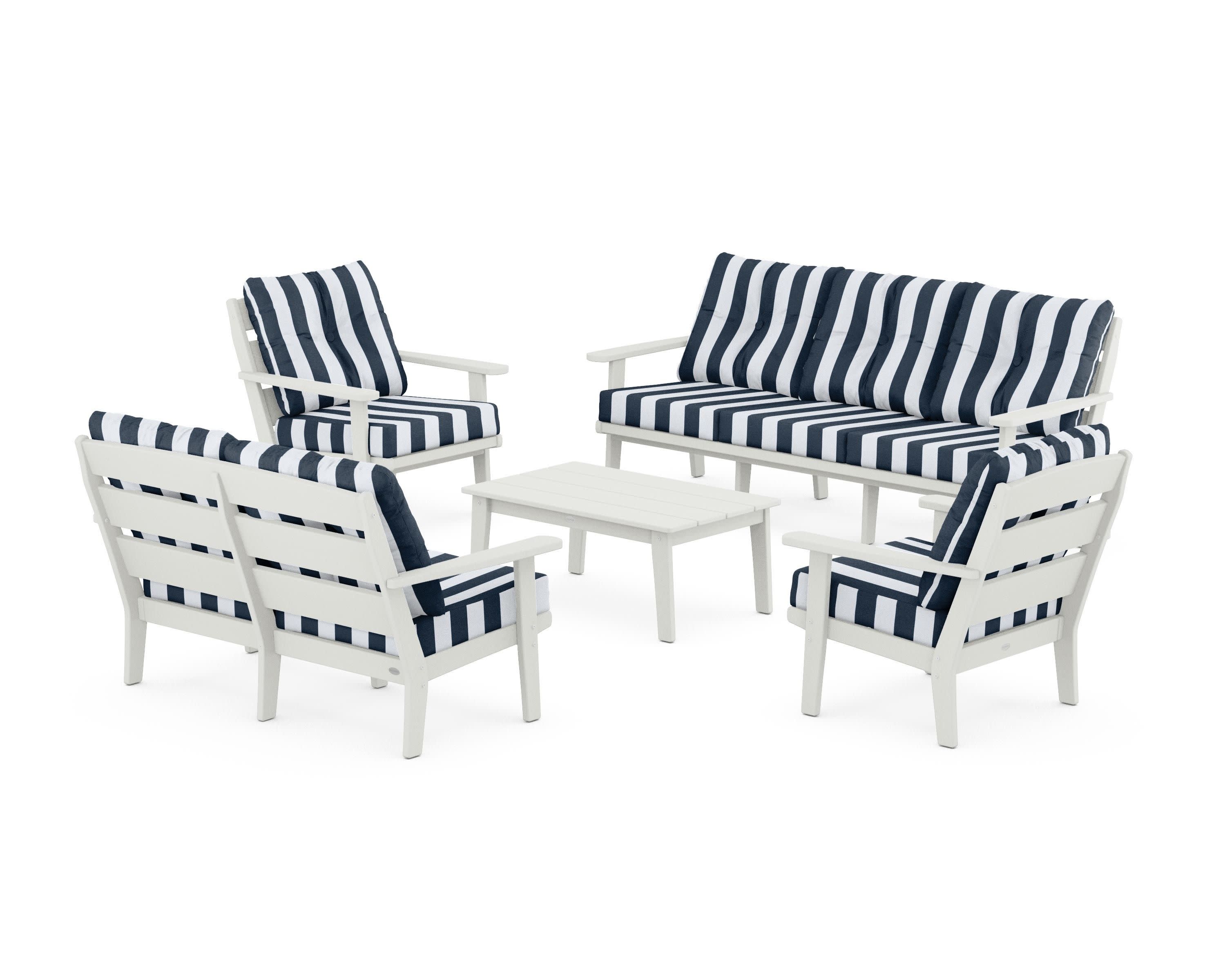 Lakeside 5-Piece Lounge Sofa Set in Vintage White / Cabana Stripe Marine Indigo