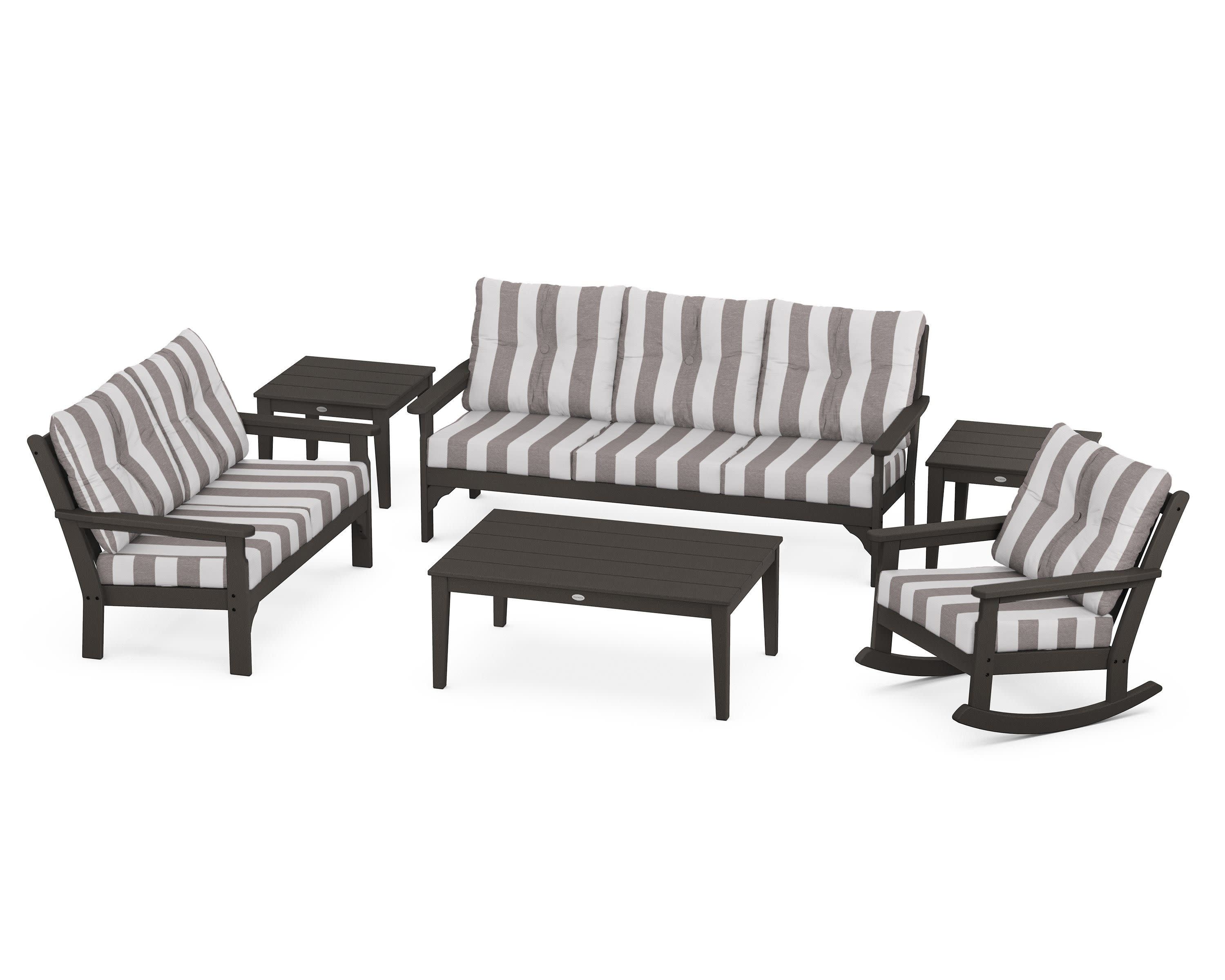 Vineyard 6-Piece Deep Seating Set in Vintage Coffee / Cabana Stripe Grey Mist