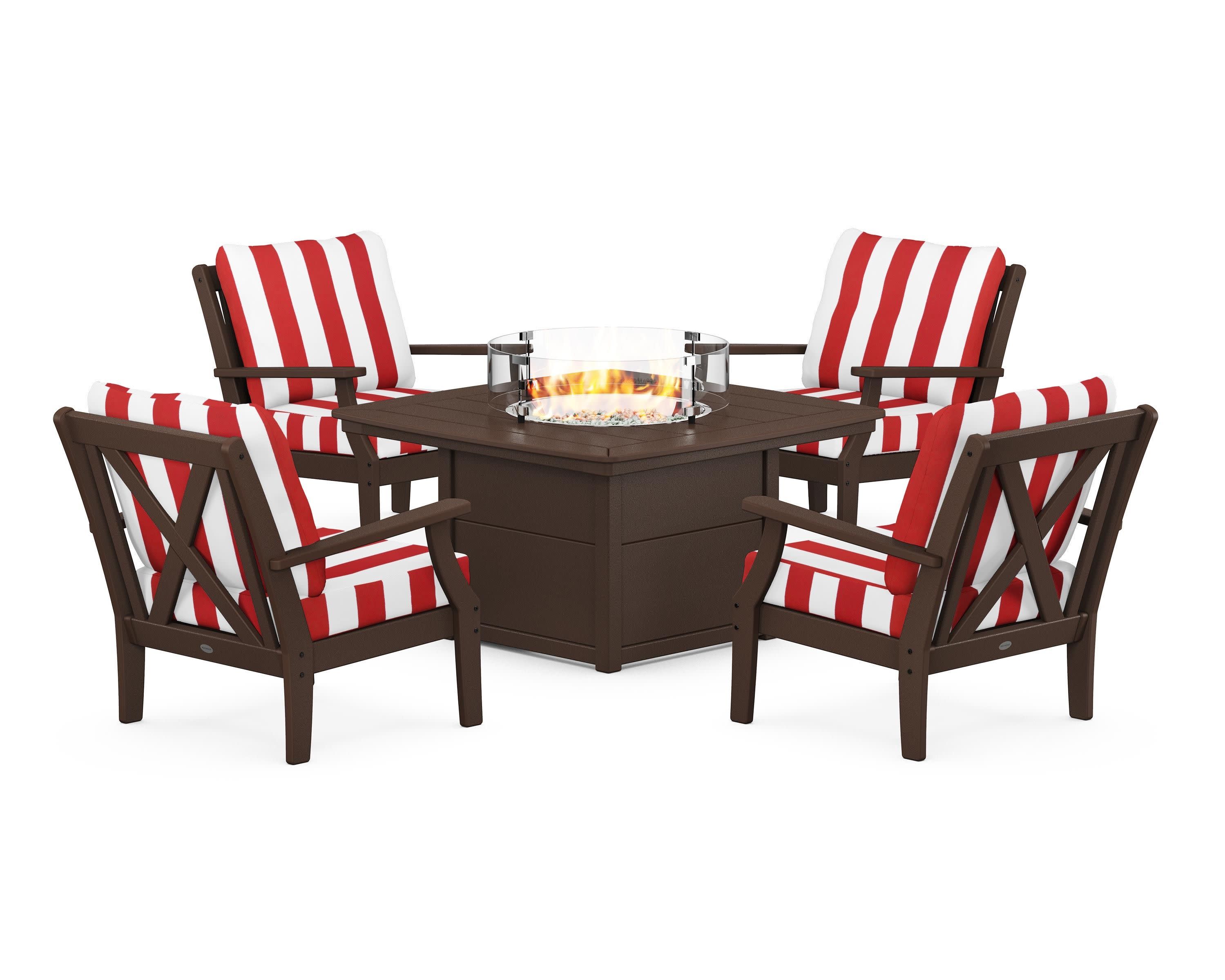 Braxton 5-Piece Deep Seating Conversation Set with Fire Pit Table in Mahogany / Cabana Stripe Crimson