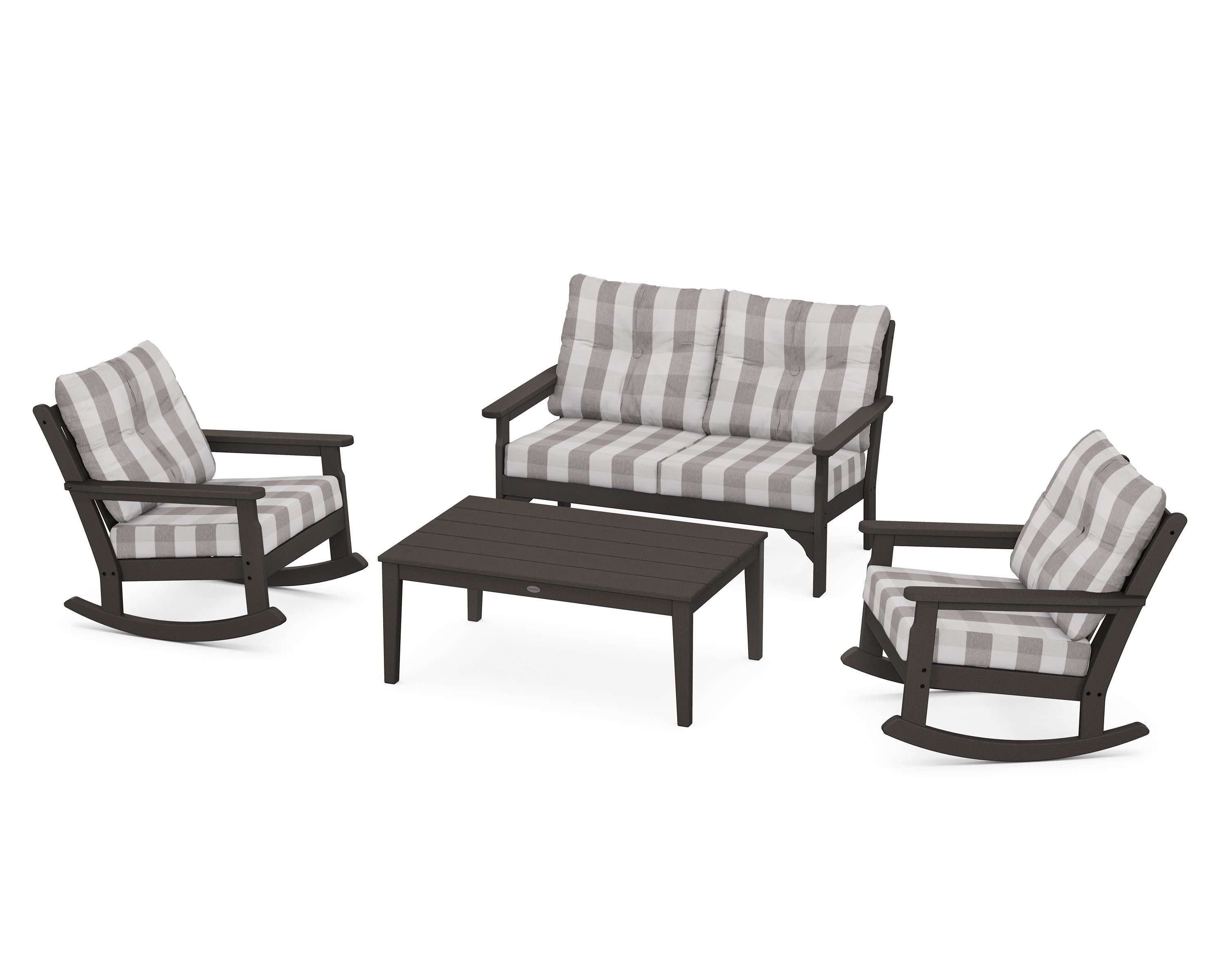 Vineyard 4-Piece Deep Seating Rocking Chair Set in Vintage Coffee / Buffalo Plaid Grey Mist